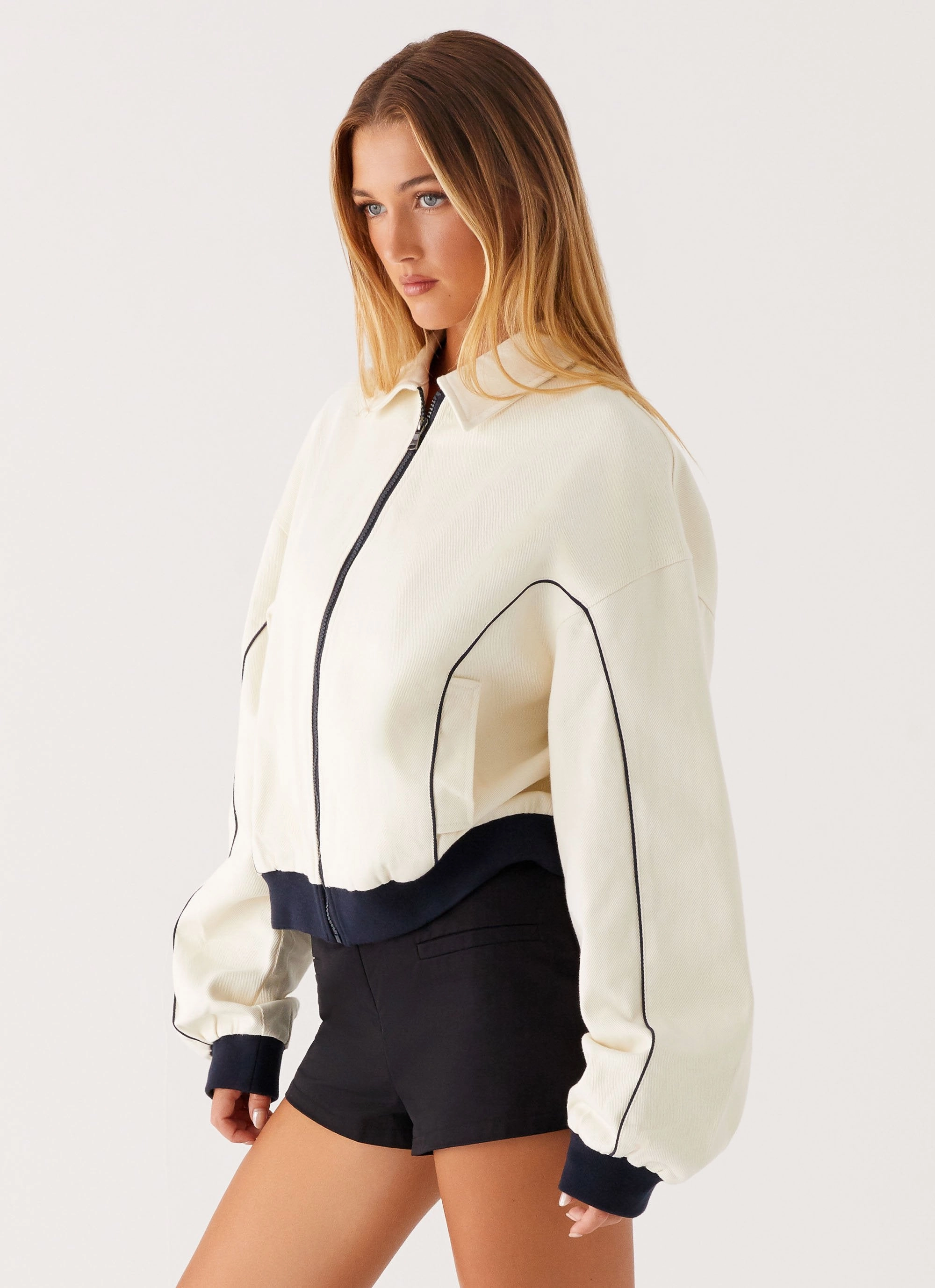 Reese Bomber Jacket - White Wrinkle Resistant High Collar