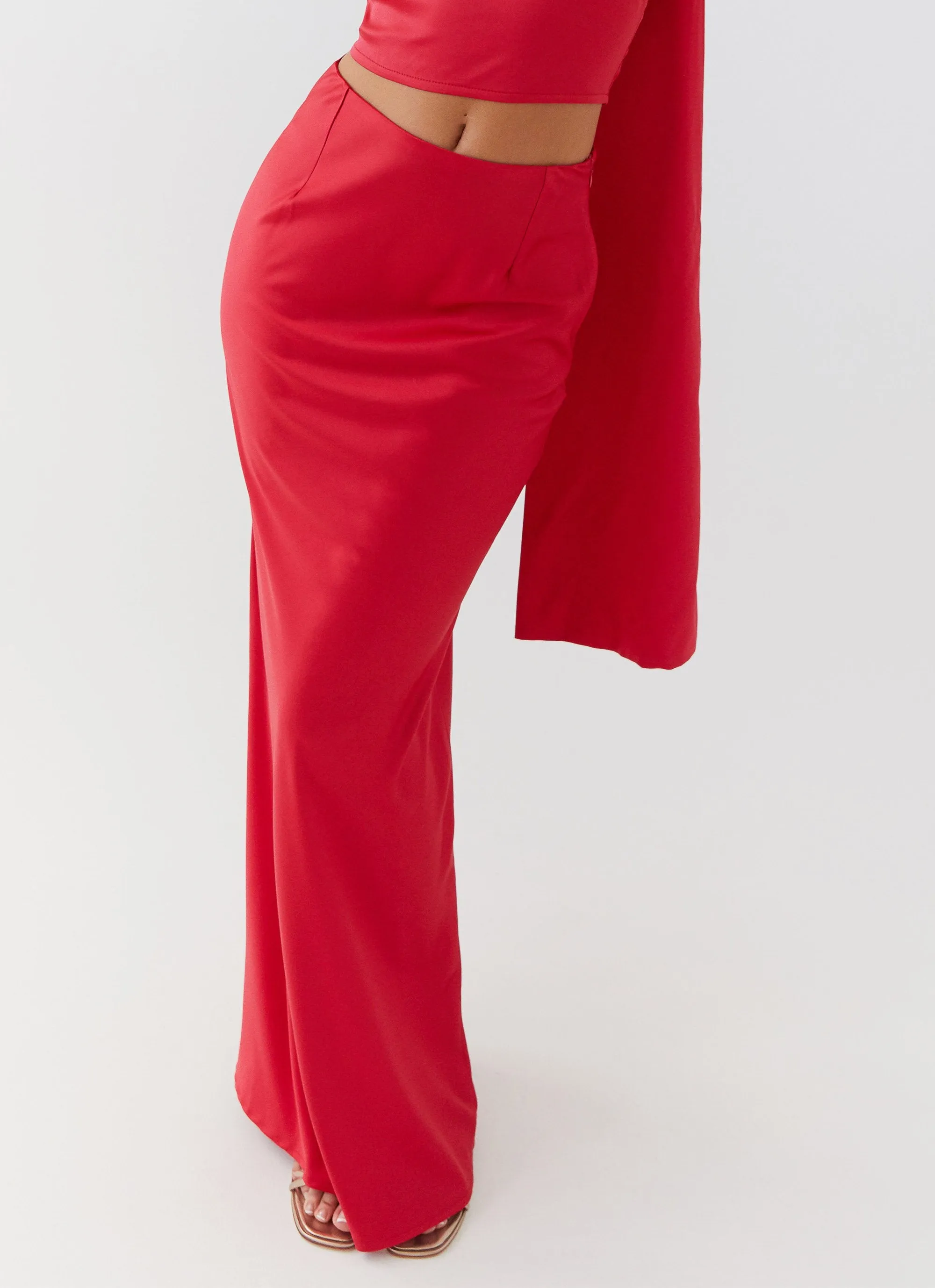 Josefina Satin Maxi Skirt - Rouge Red Soft Finish