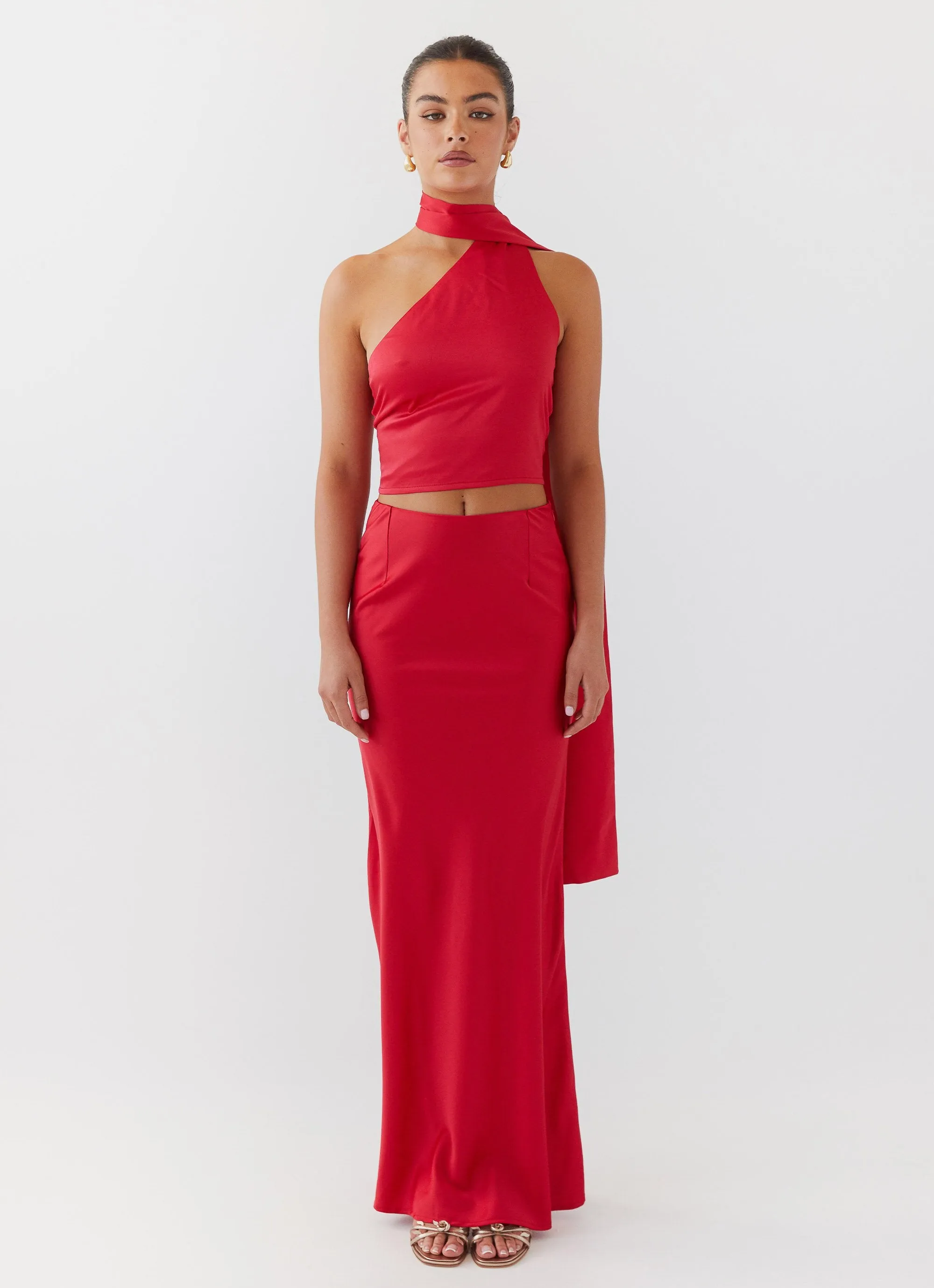 Josefina Satin Maxi Skirt - Rouge Red Soft Movement Calm Mood