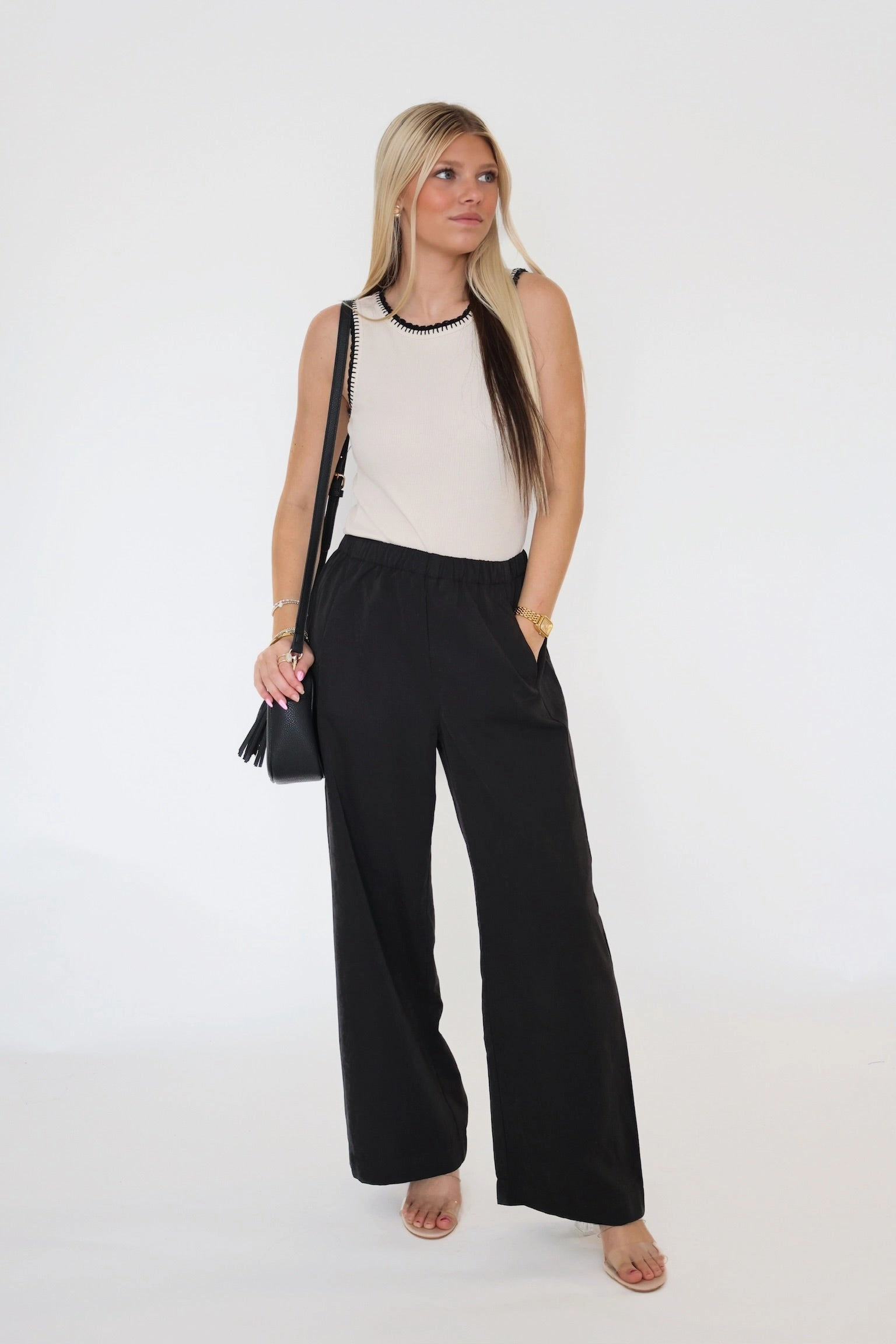 Paris Wide Leg Pant- Black Weighted Hem Design Convertible Style