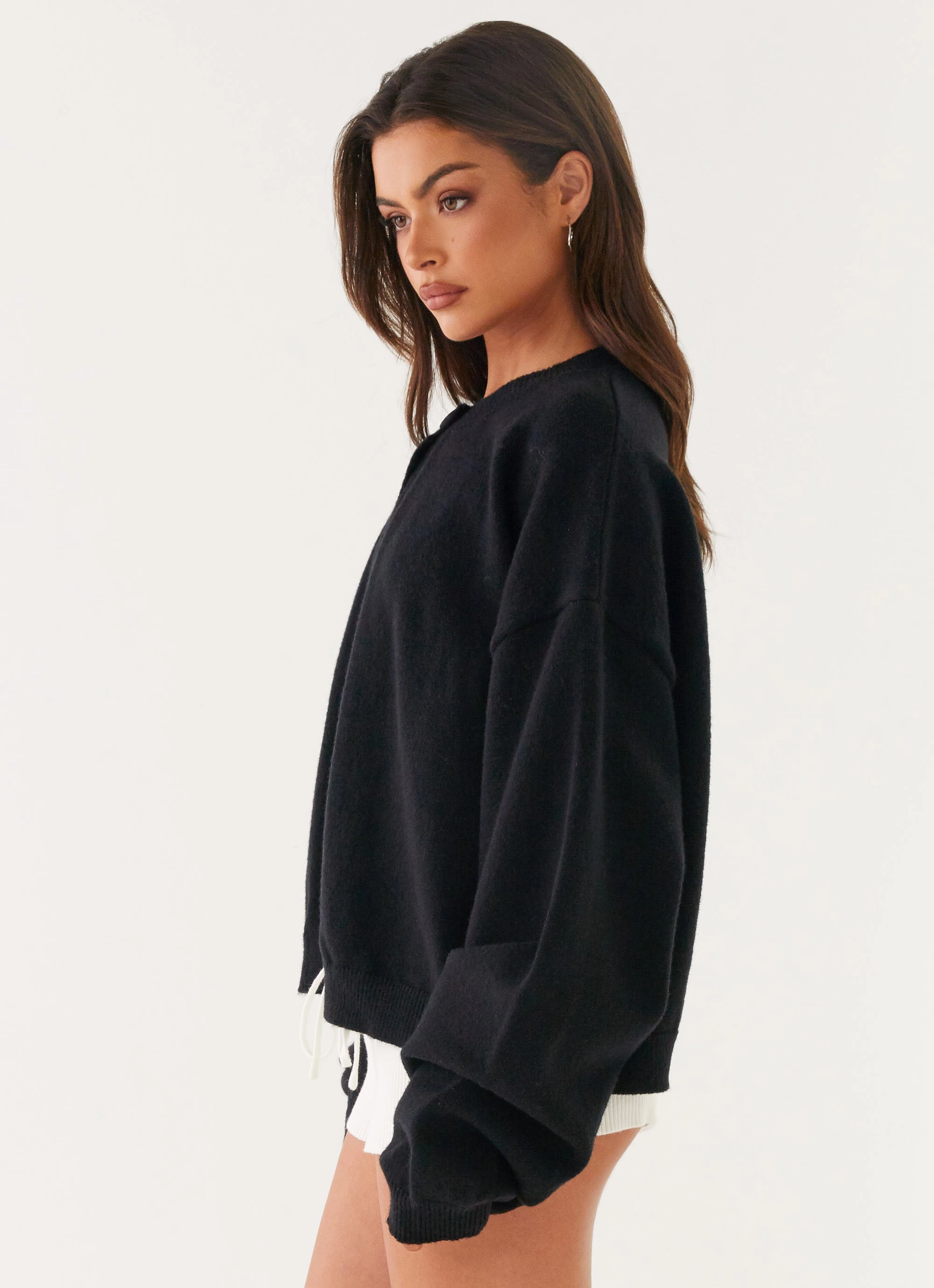 Annie One Button Cardigan - Black Curved Hem