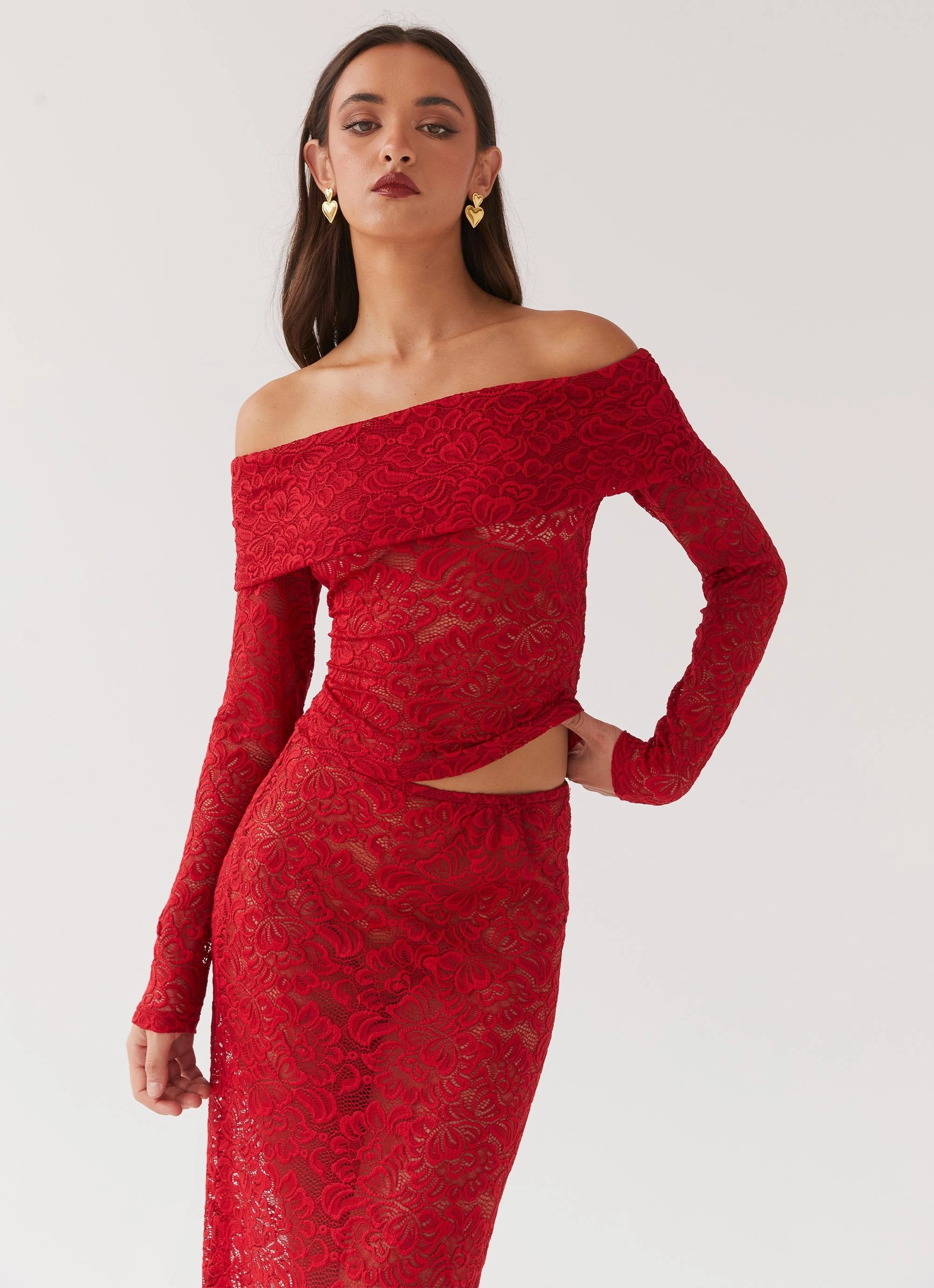 Regular Fit Zephyra Lace Long Sleeve Top - Red