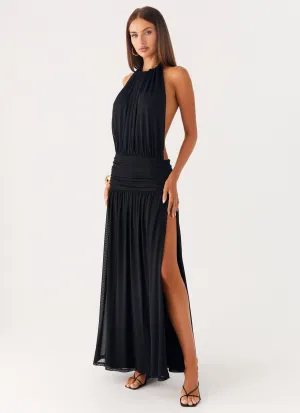 Unisex style Easy Care Material Solena Halter Neck Maxi Dress - Black