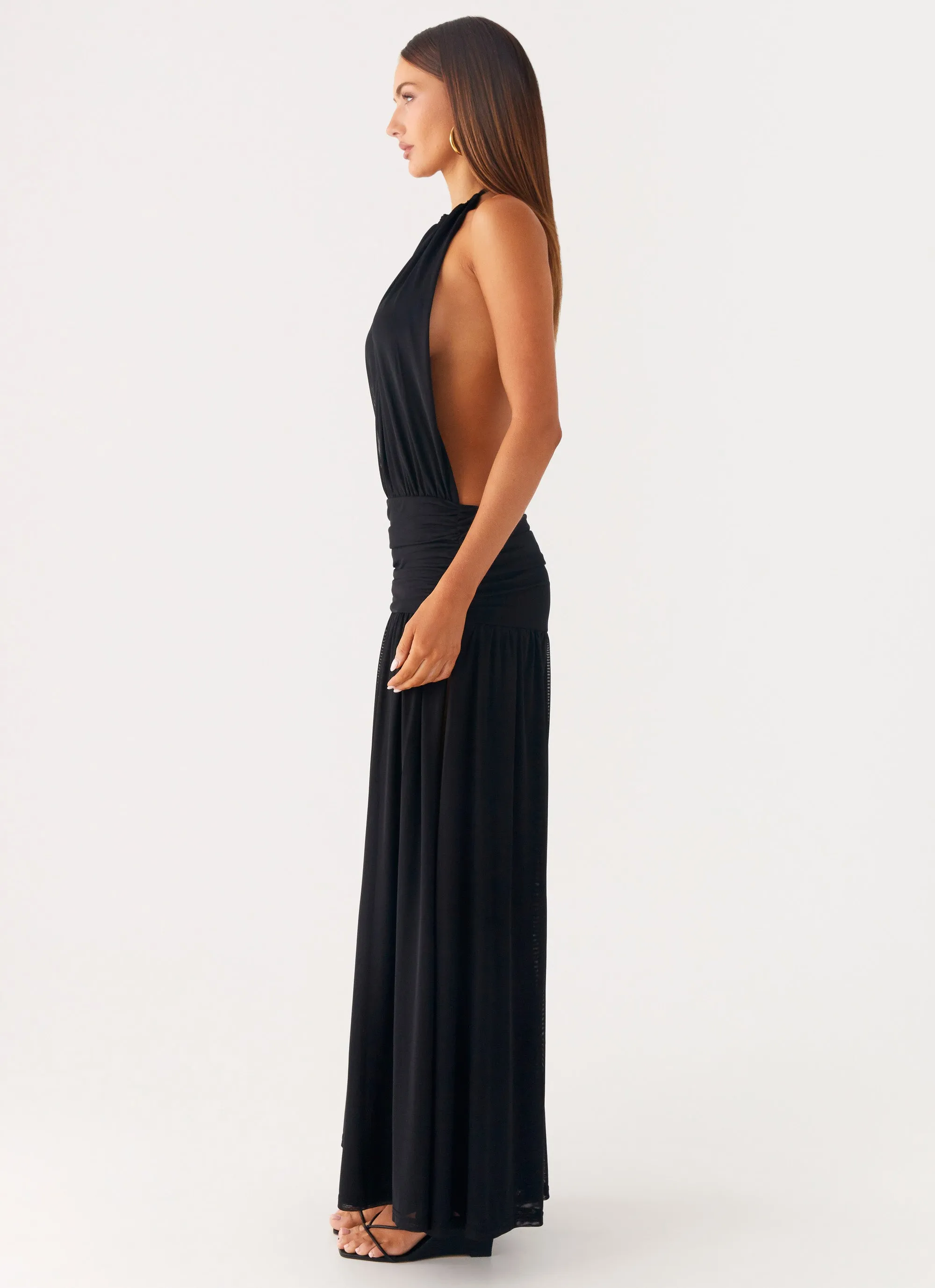 Solena Halter Neck Maxi Dress - Black Seamless Shoulder Lace Accent
