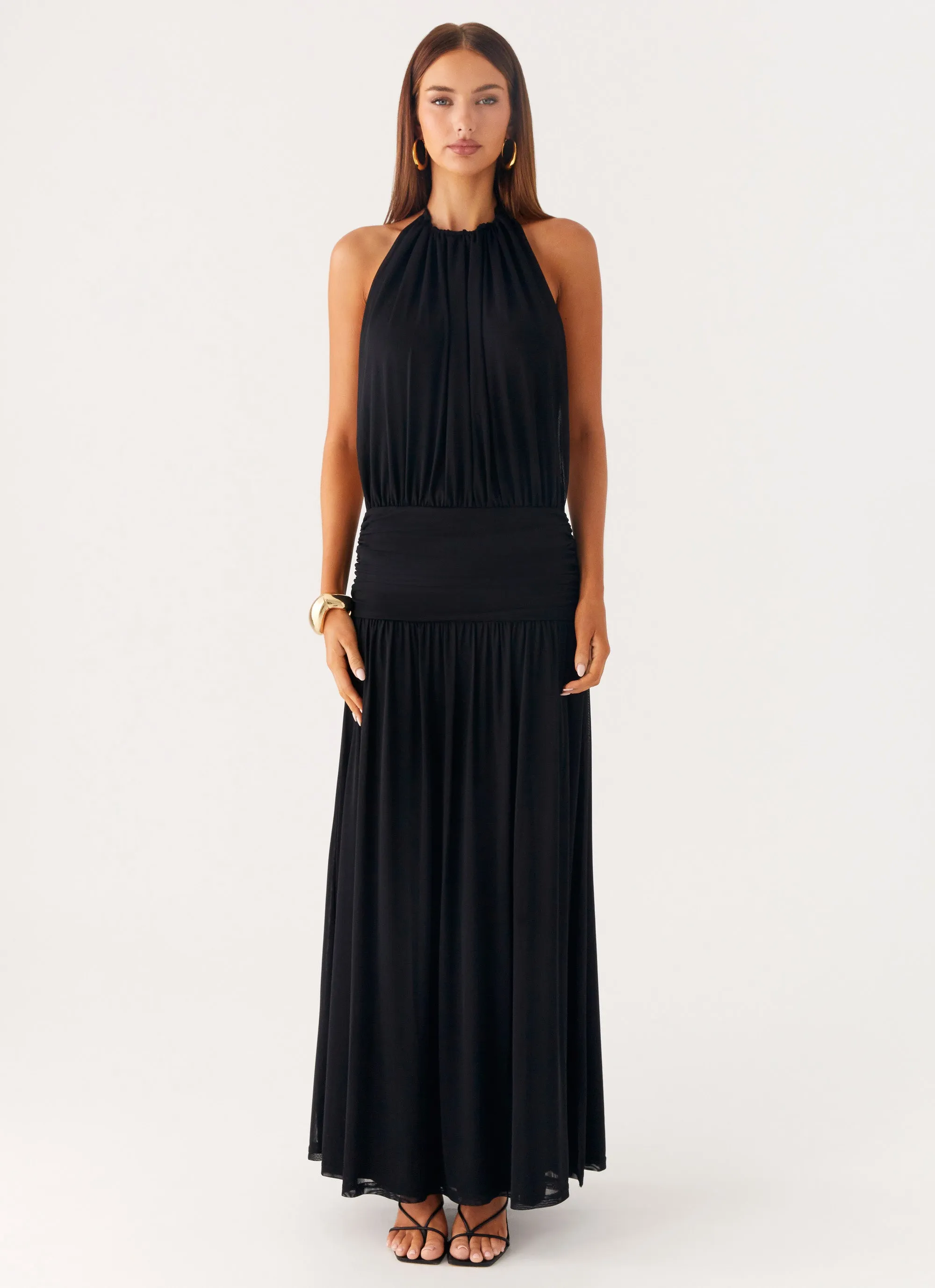 Solena Halter Neck Maxi Dress - Black Seamless Sides Statement Maker