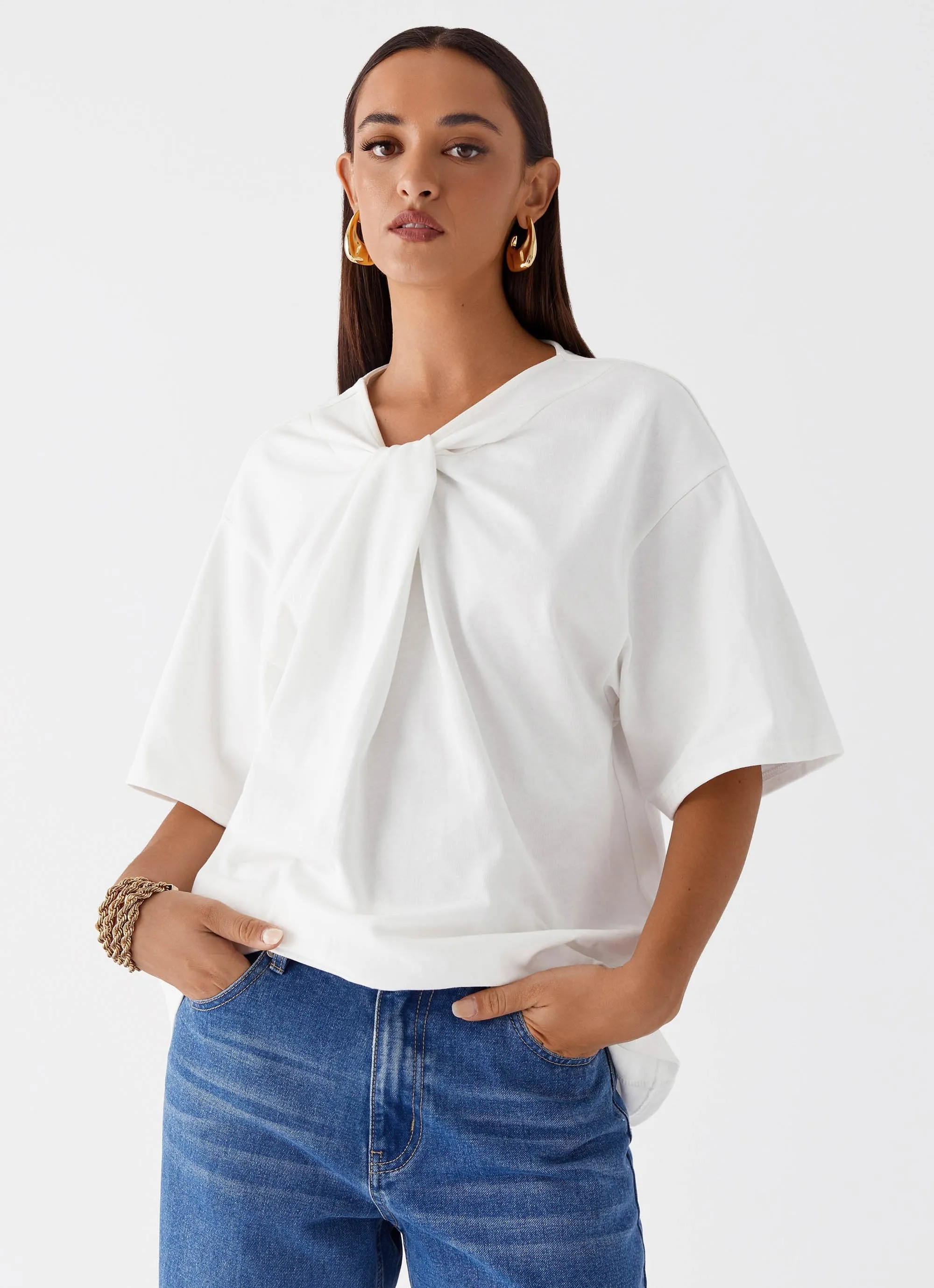 Double Faced Jersey Knit Orena Twist T-Shirt - White