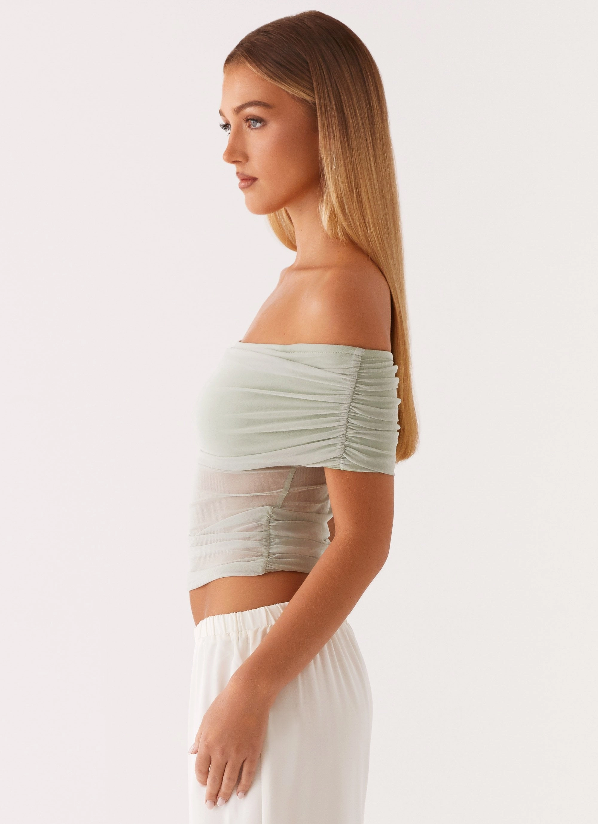 Nelly Off Shoulder Top - Pistachio Hypoallergenic Fiber High Collar Protection Design