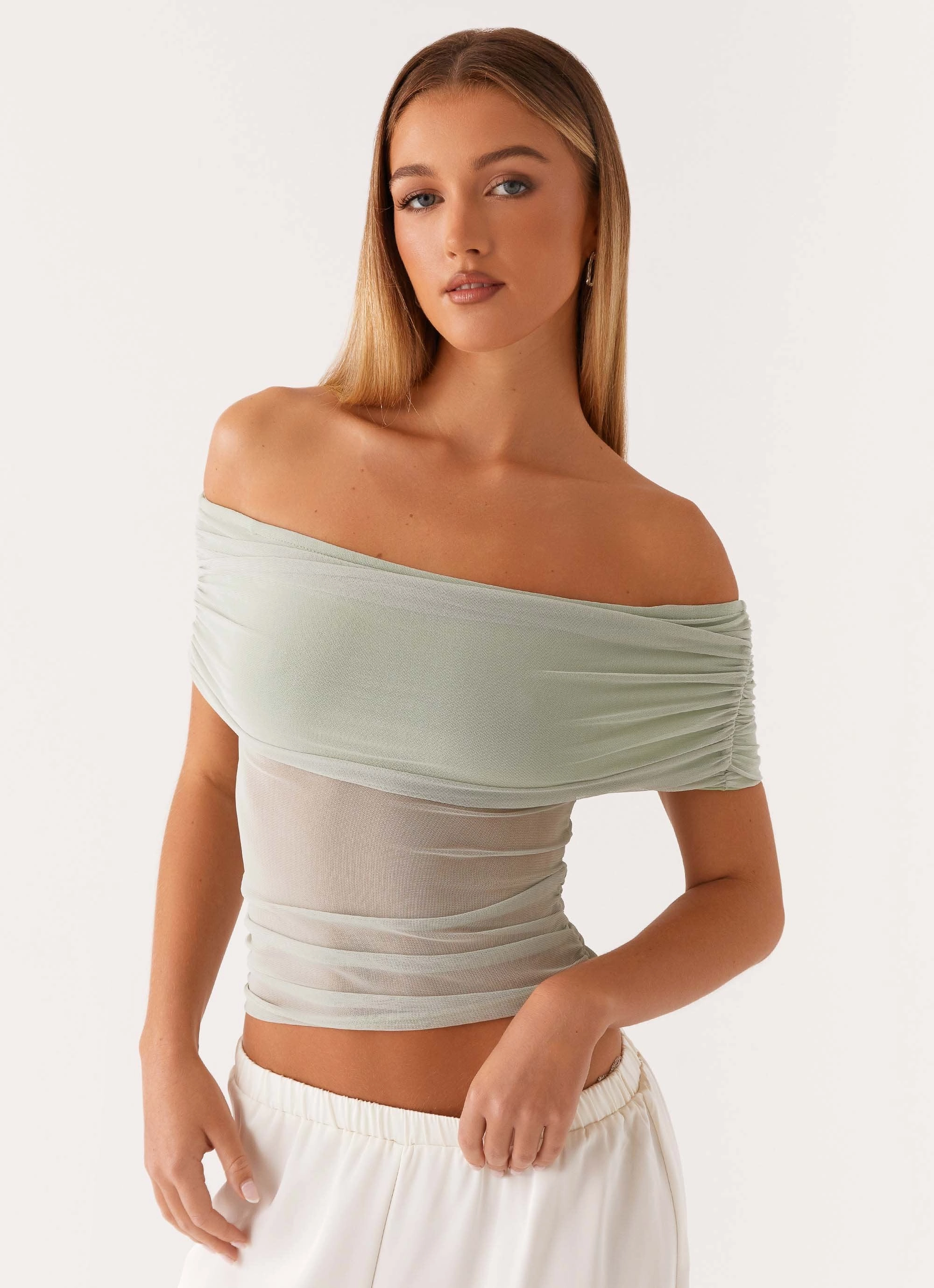 Nelly Off Shoulder Top - Pistachio HypoallergenicFabric MultiPocket Design