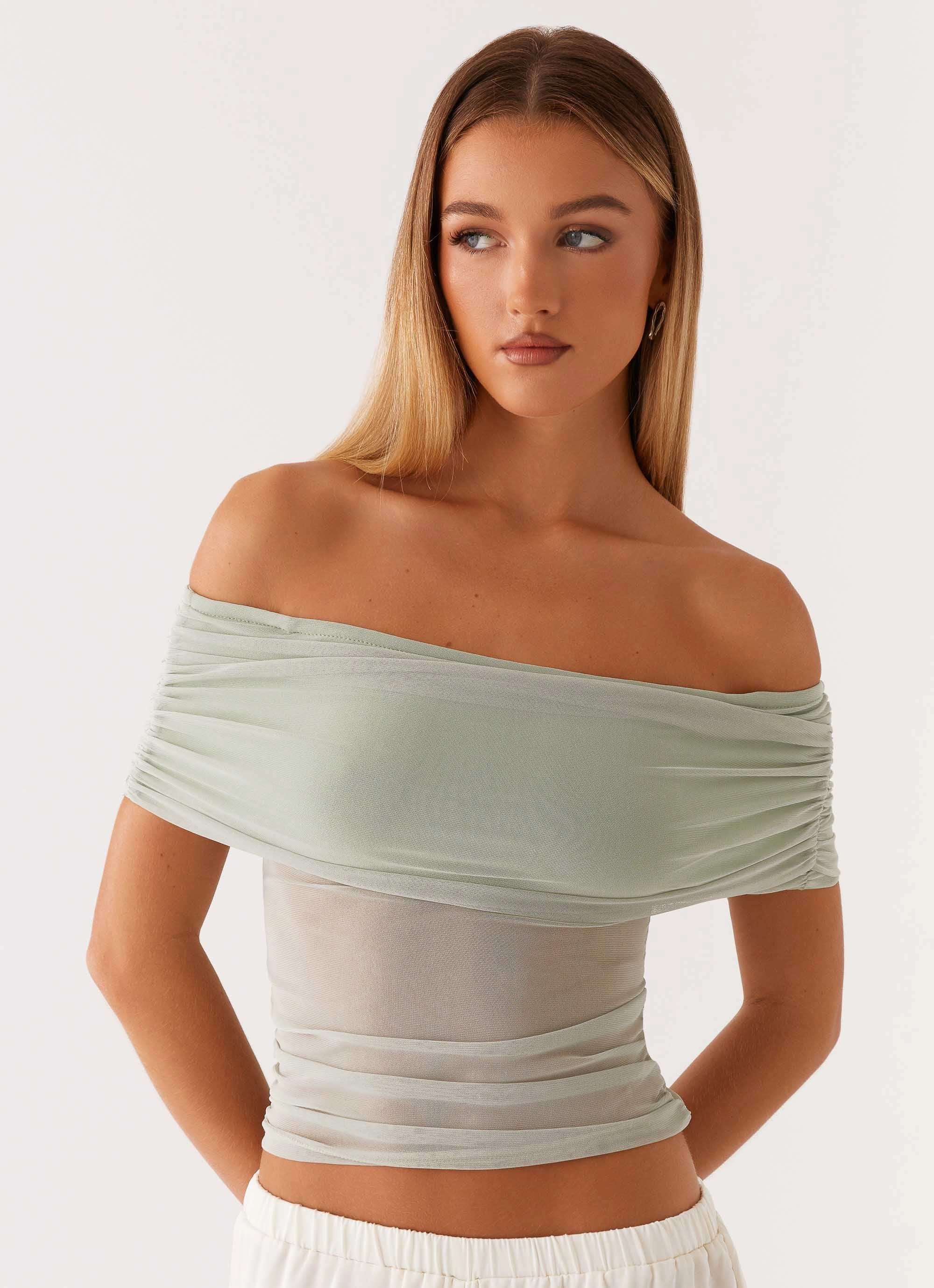 Tagless Comfort Nelly Off Shoulder Top - Pistachio