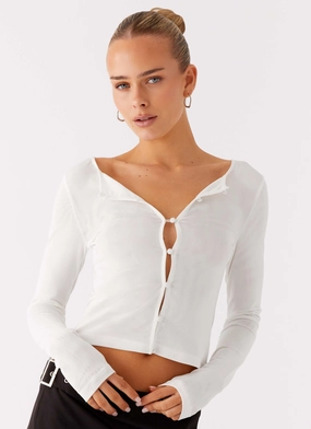 Reinforced Hem Stitching Fifth Ave Mesh Long Sleeve Top - Off White DoubleLayered Collar Flex Fit Shoulder Construction Fifth Ave Mesh Long Sleeve Top - Off White