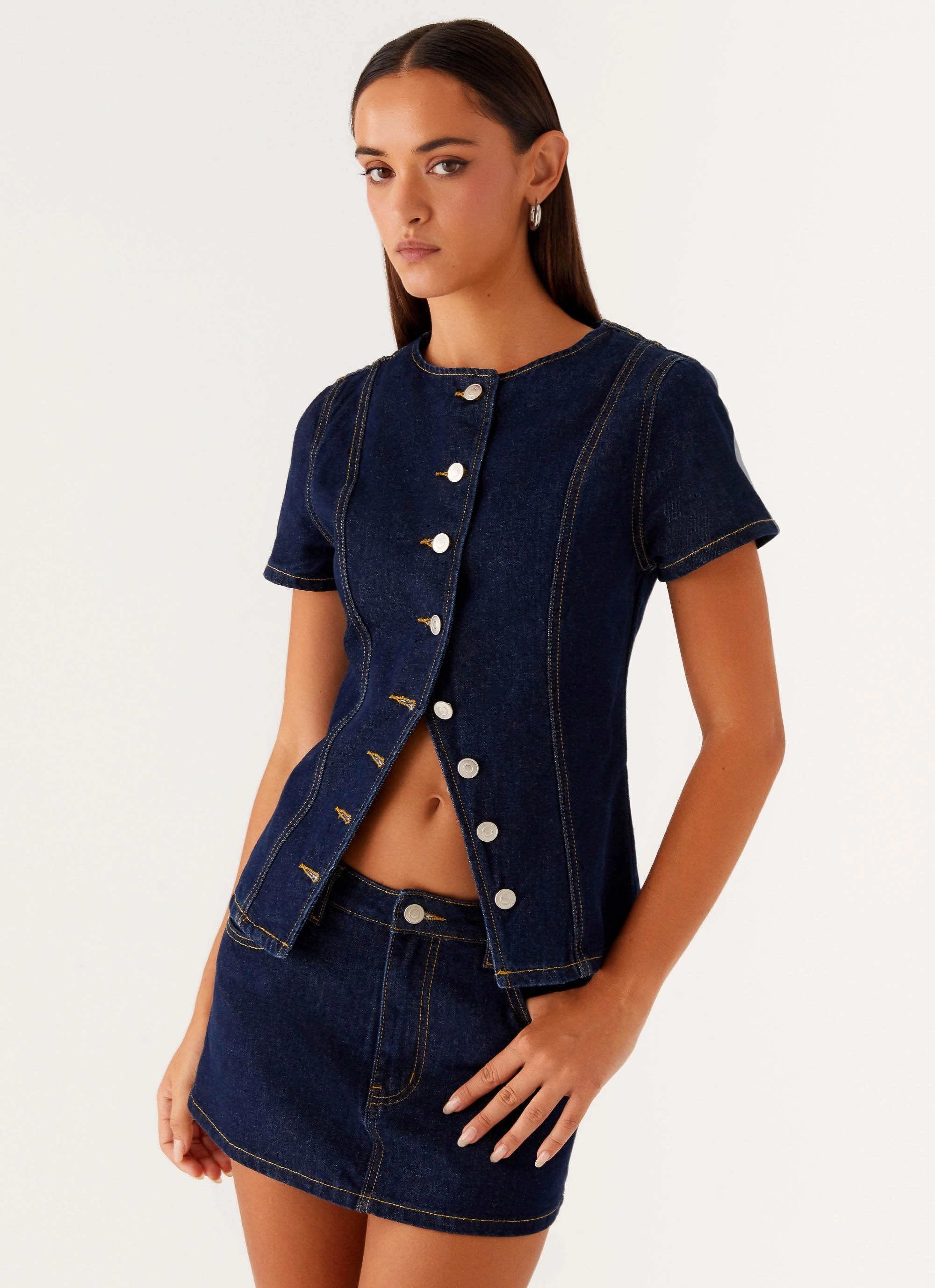 MultiFunctionalDesign Vintage Shirt Jagger Top - Indigo