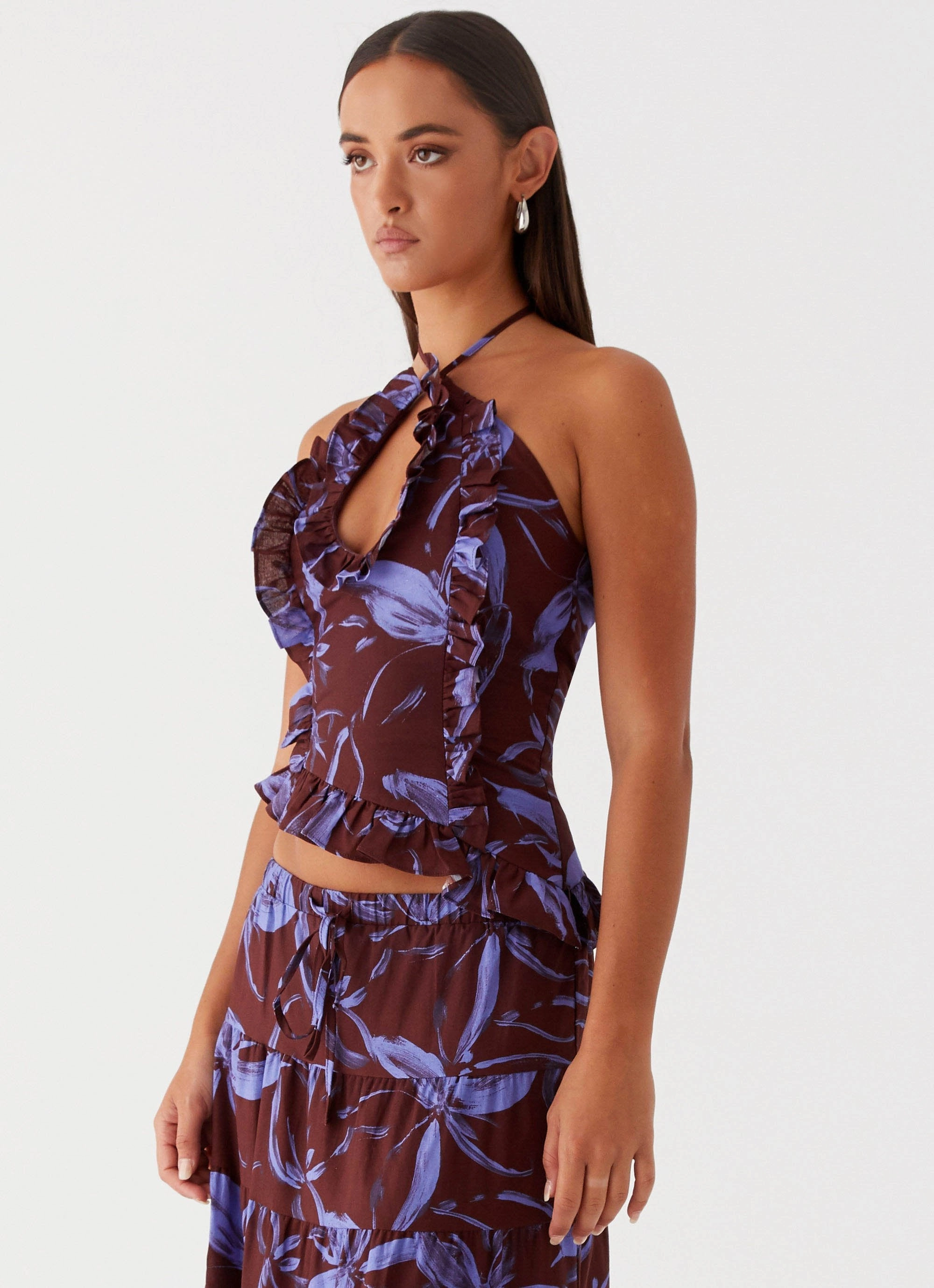 Mariella Linen Top - Purple Brown Floral LightReflective