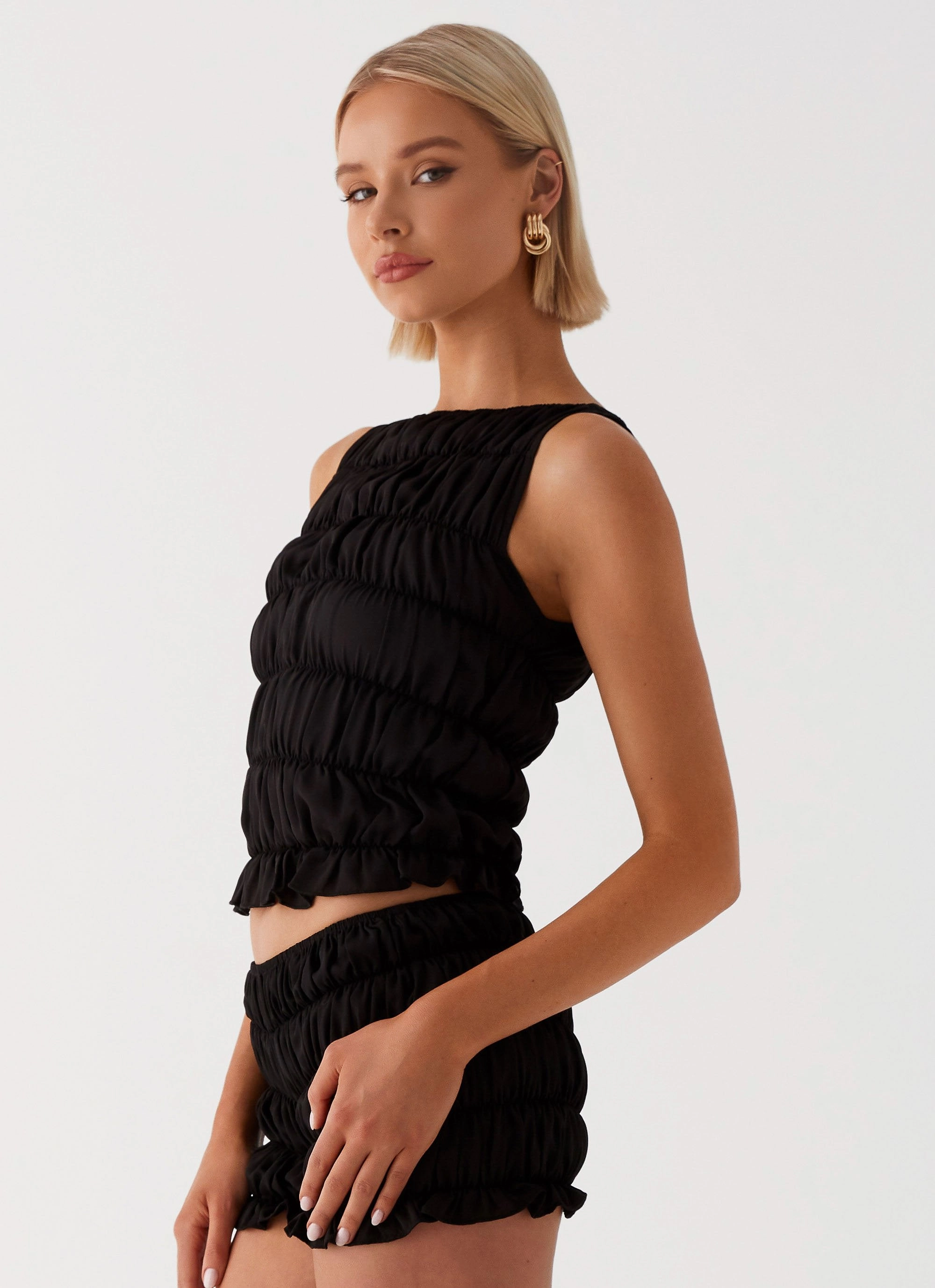 AdjustableDrawstring Reflective Trim Messina Ruched Tank Top - Black