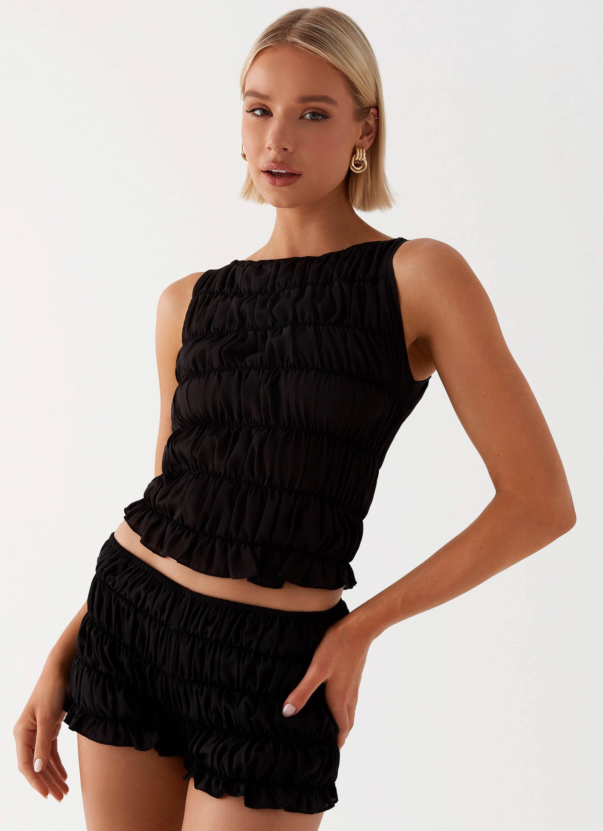 Messina Ruched Tank Top - Black Double Layered Fabric Multi Panel Cut