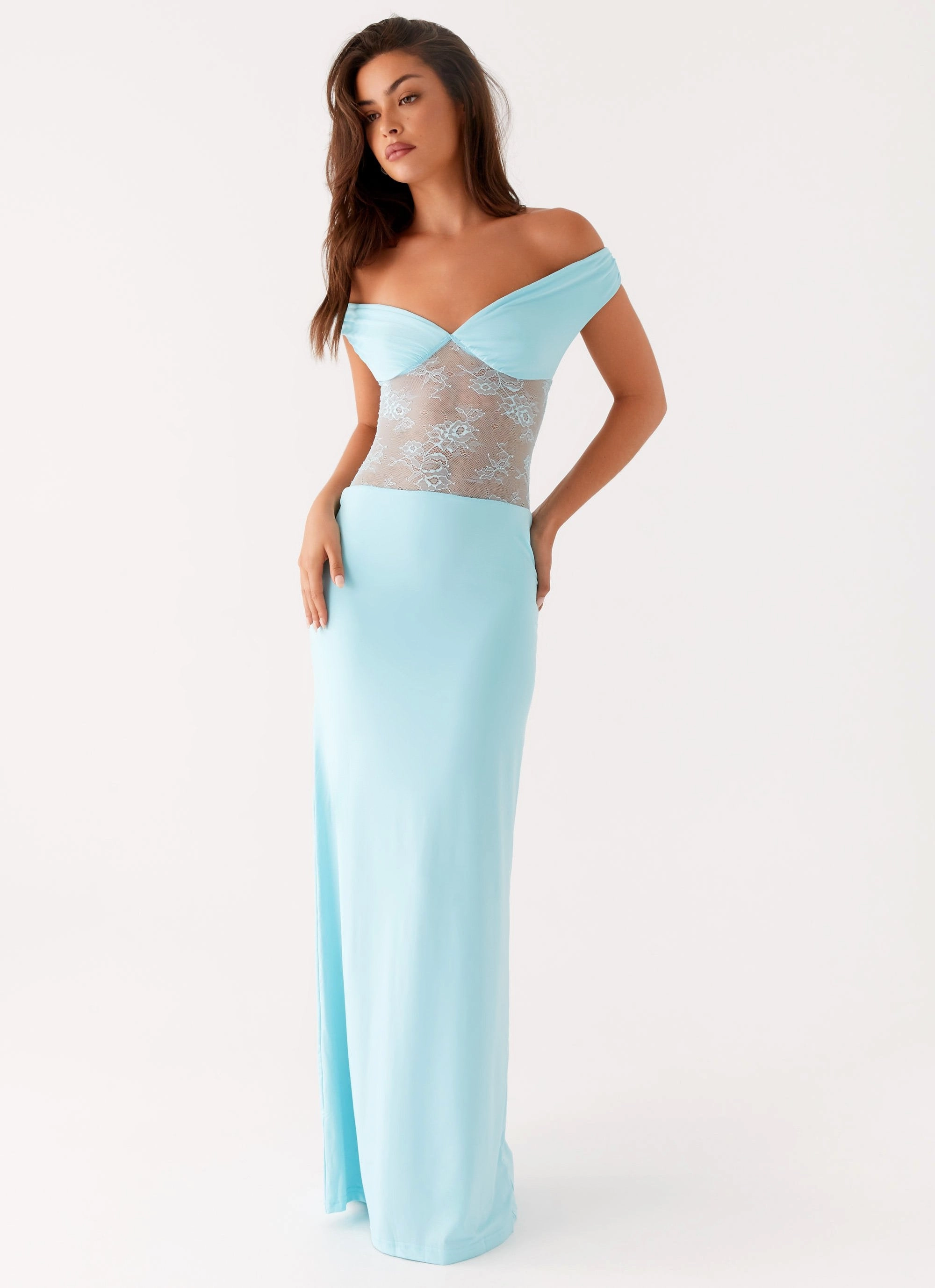Infatuation Lace Maxi Dress - Turquoise Timeless Waistband Fit Jewel Accent