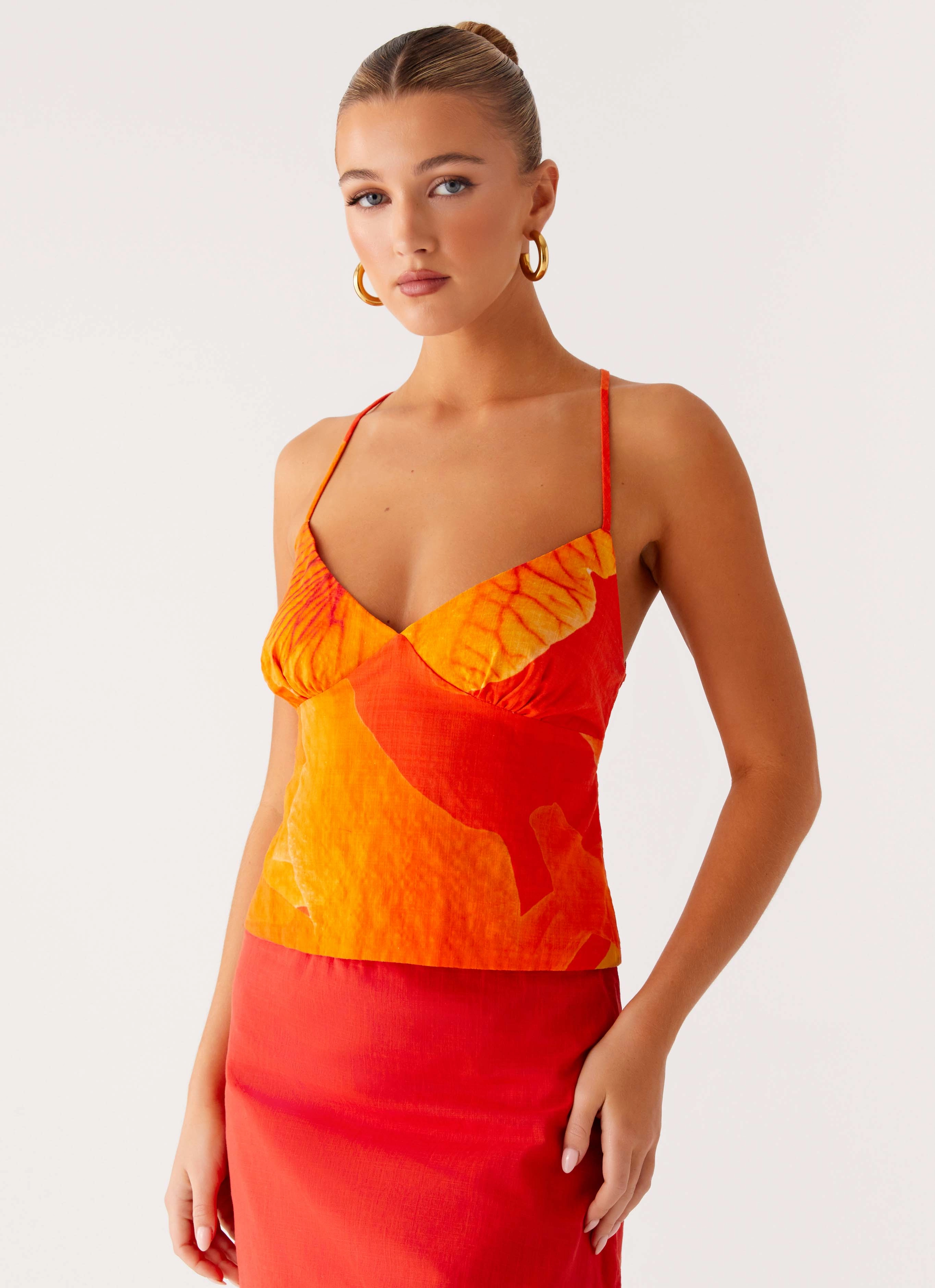 Sangria Top - Serene Orange Roll Up Sleeve Design Durable Stitch Pattern