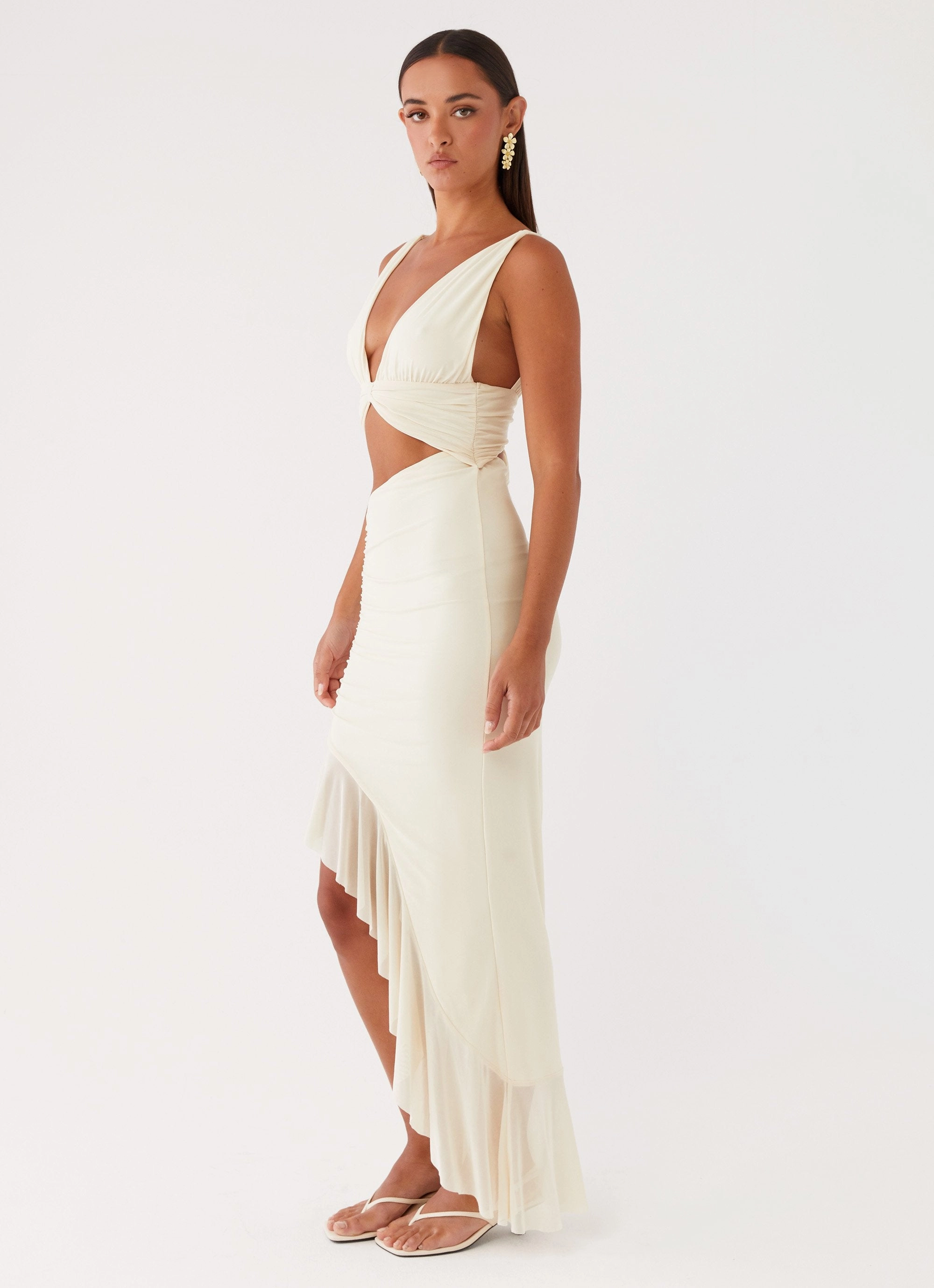 Luna Eclipse Cut Out Maxi Dress - Lemon Subtle Fit Date Vibe
