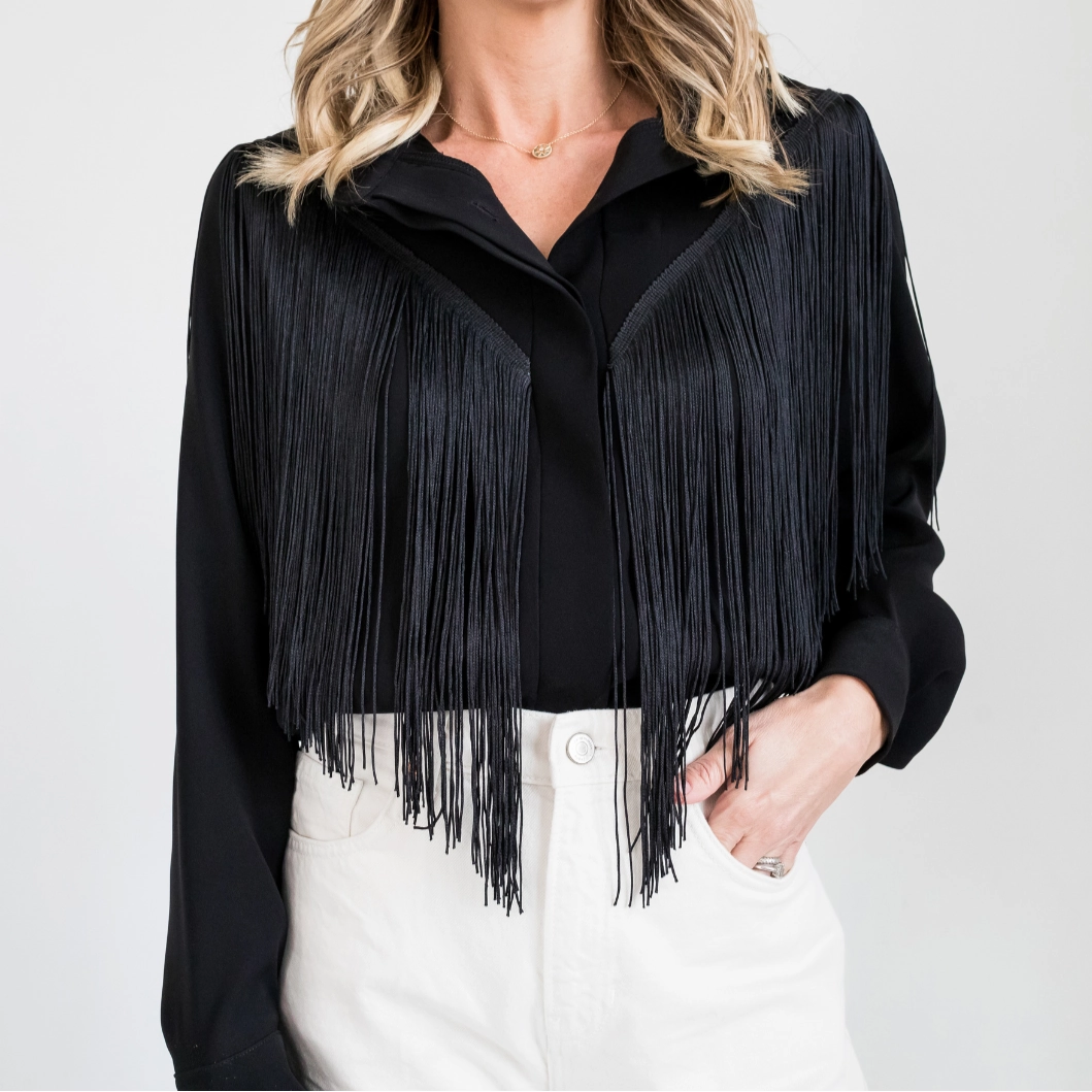HighRiseWaistband Breathable Design MASON by MASON'S DAUGHTER | Loretta Western Fringe Top, Black