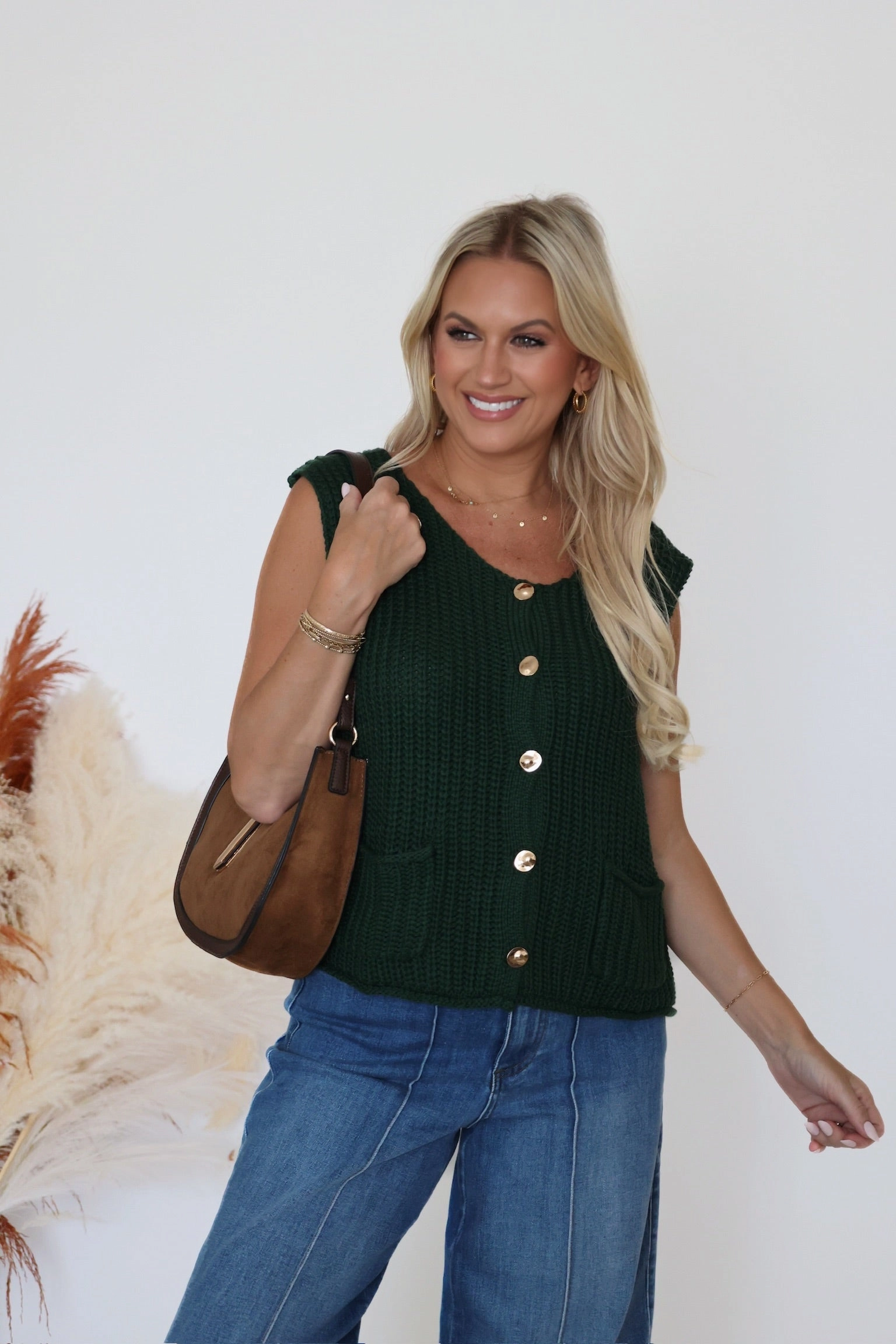 Linen Blend Fabric Scandal Sweater Vest- Green