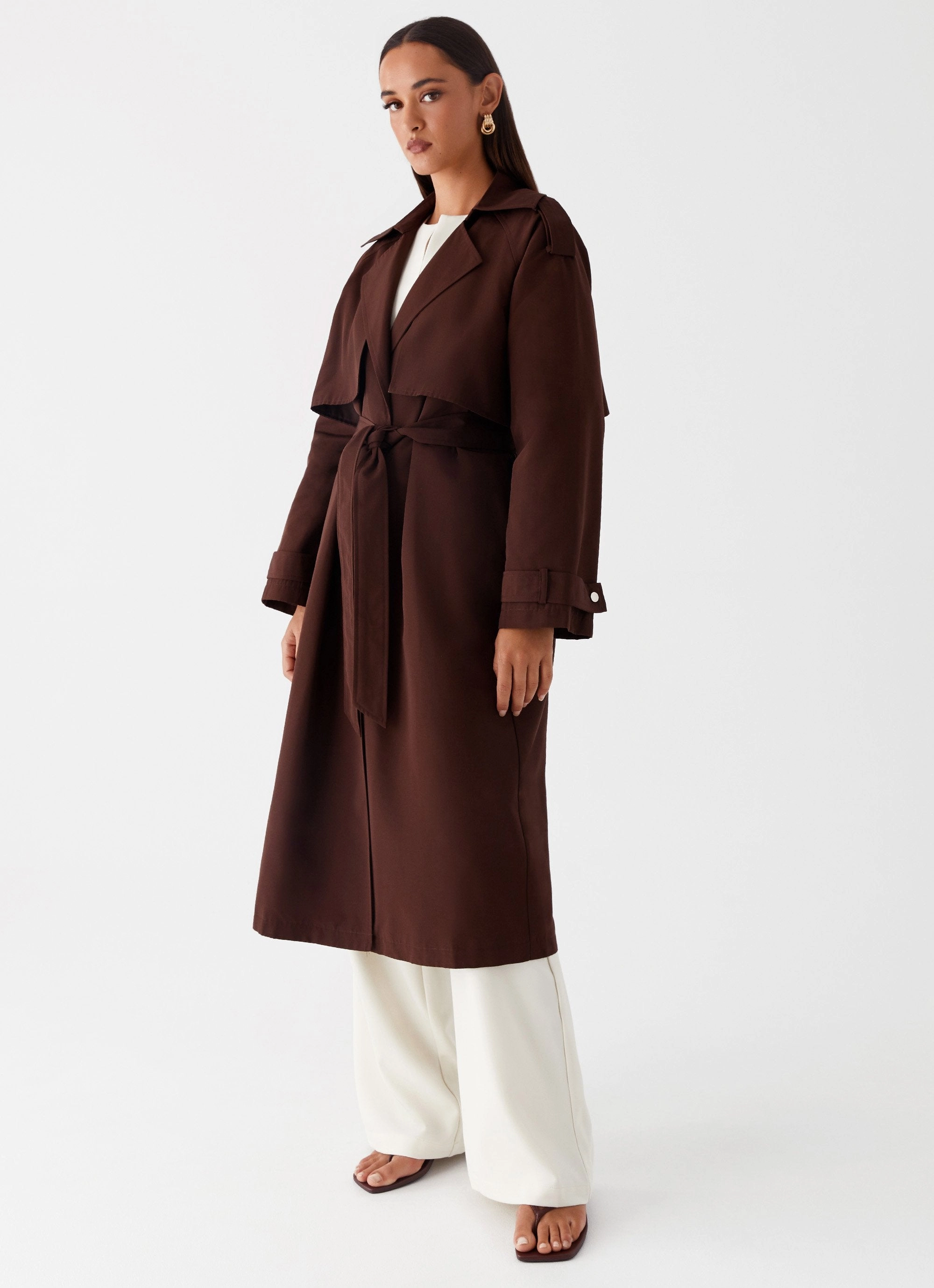 Wind Chill Protection Stretch Weave Fabric Rent Free Trench Coat - Chocolate