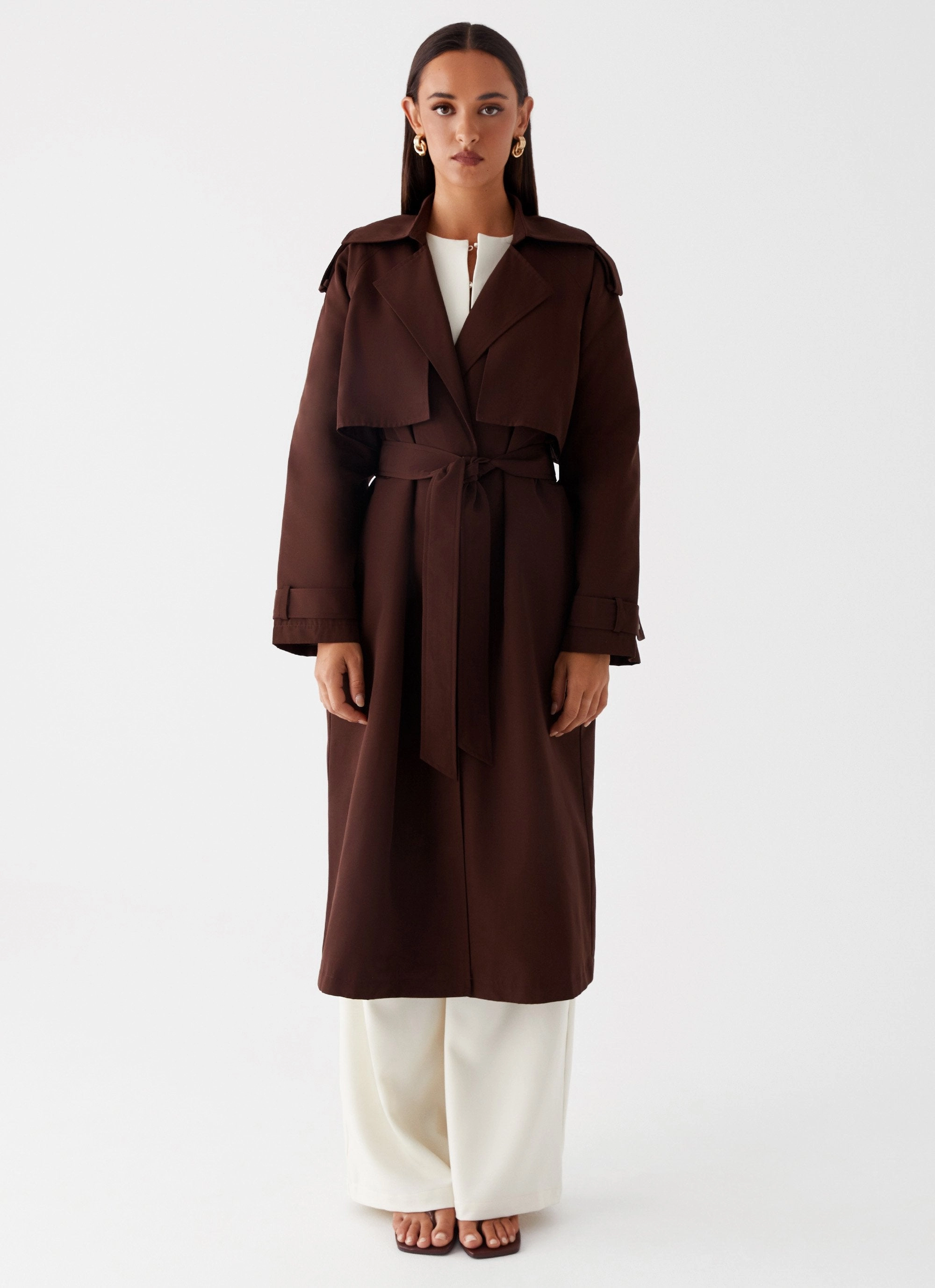Textured Finish Rent Free Trench Coat - Chocolate