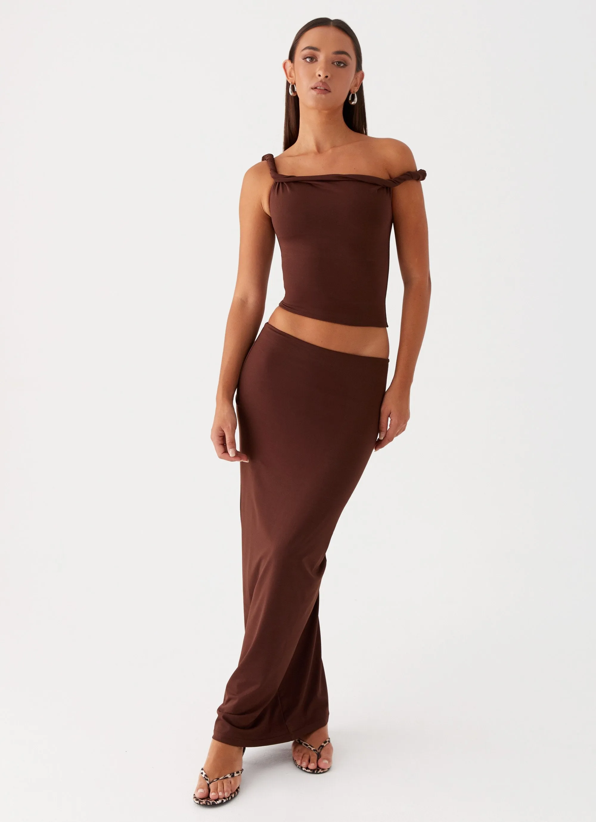 Solace Soul Maxi Skirt - Chocolate Polished Touch Mid Length