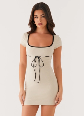 Retro Outfit Keoni Ribbed Mini Dress - Oatmeal Keoni Ribbed Mini Dress - Oatmeal Celebration Wear Fresh Texture