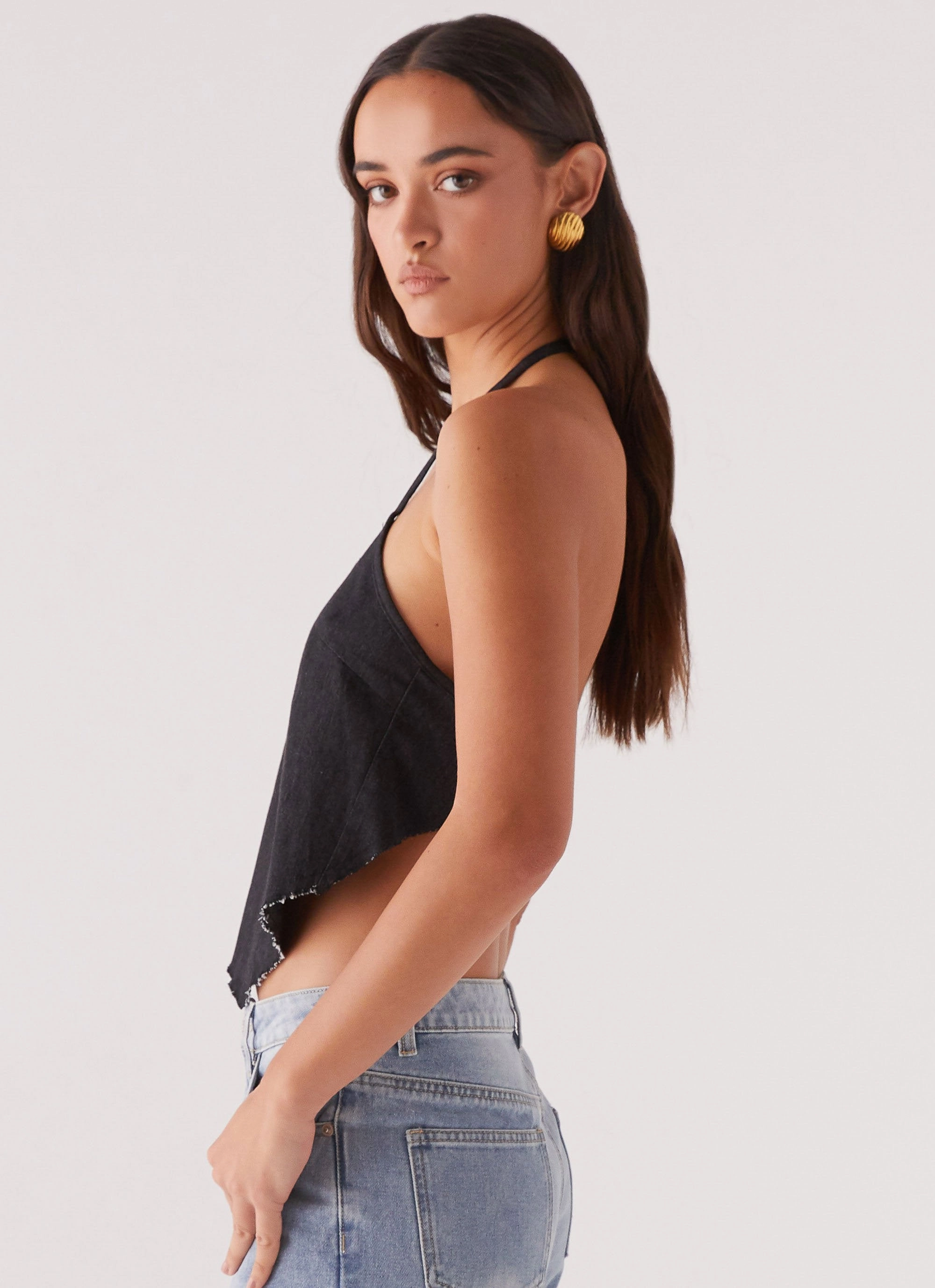 Rexi Halter Denim Top - Washed Black MultiPocketDesign Ribbed Trim Details