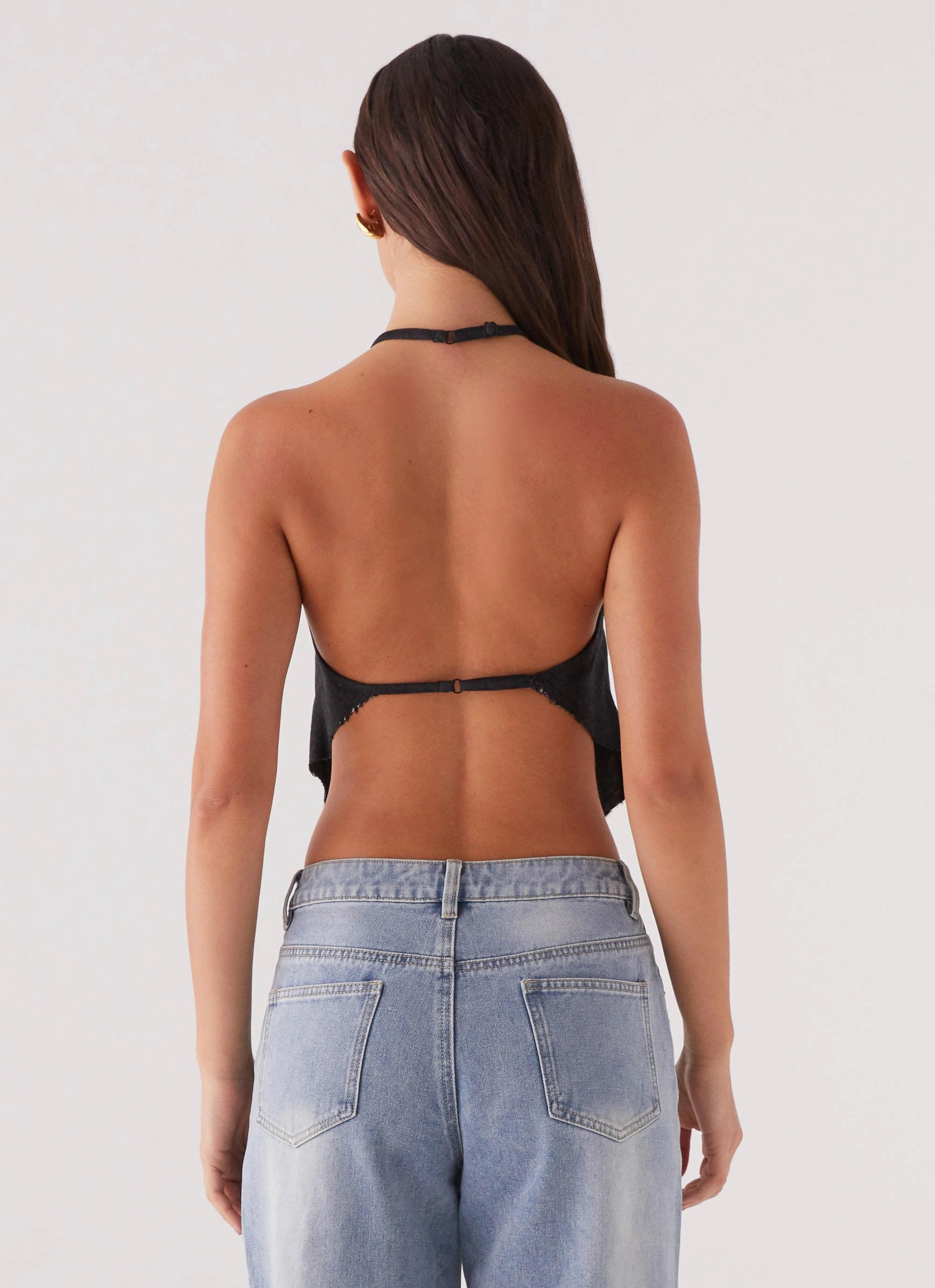 Rexi Halter Denim Top - Washed Black Workout Apparel