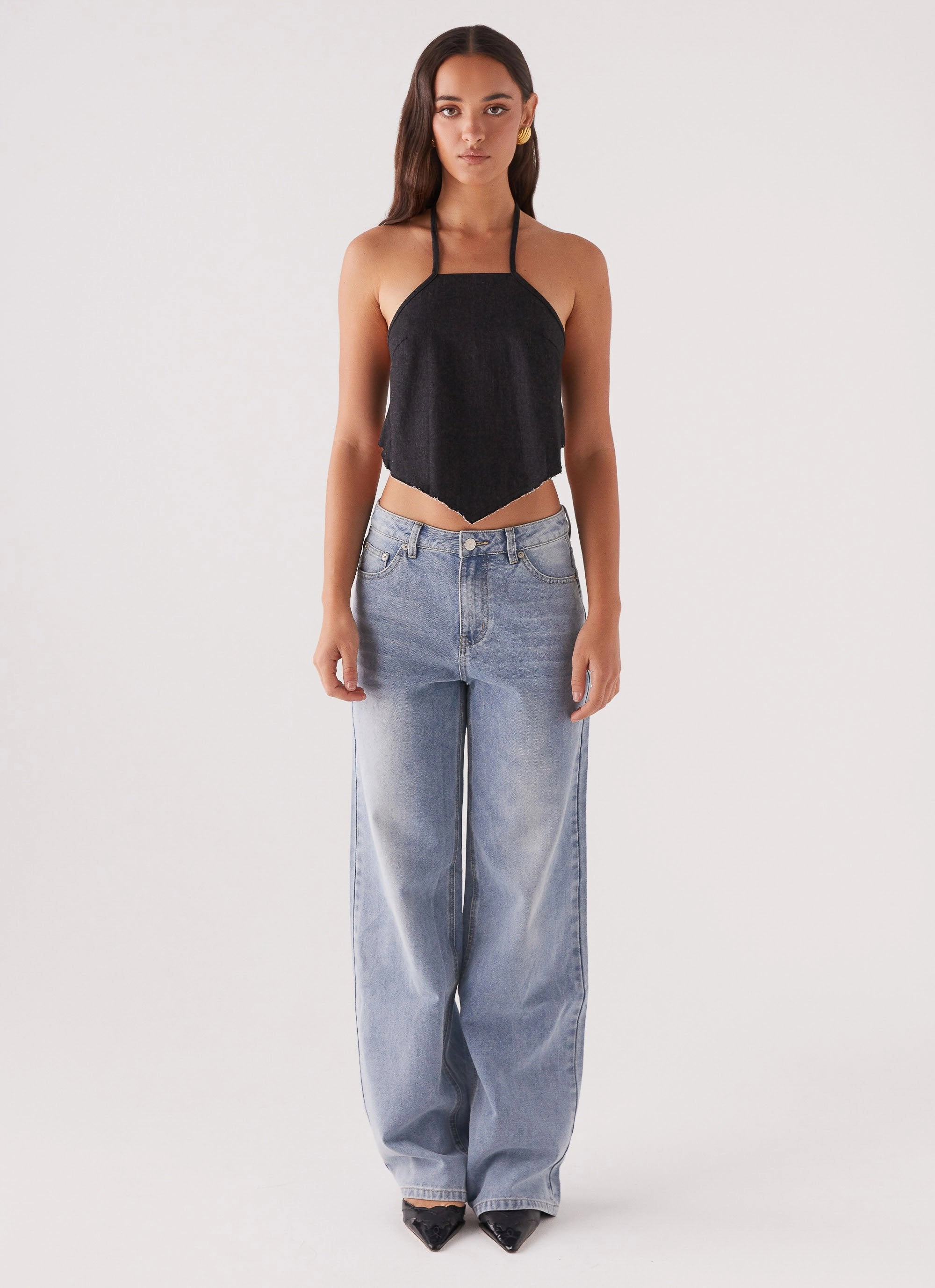 HighDensity Weave WaterRepellent Finish Rexi Halter Denim Top - Washed Black