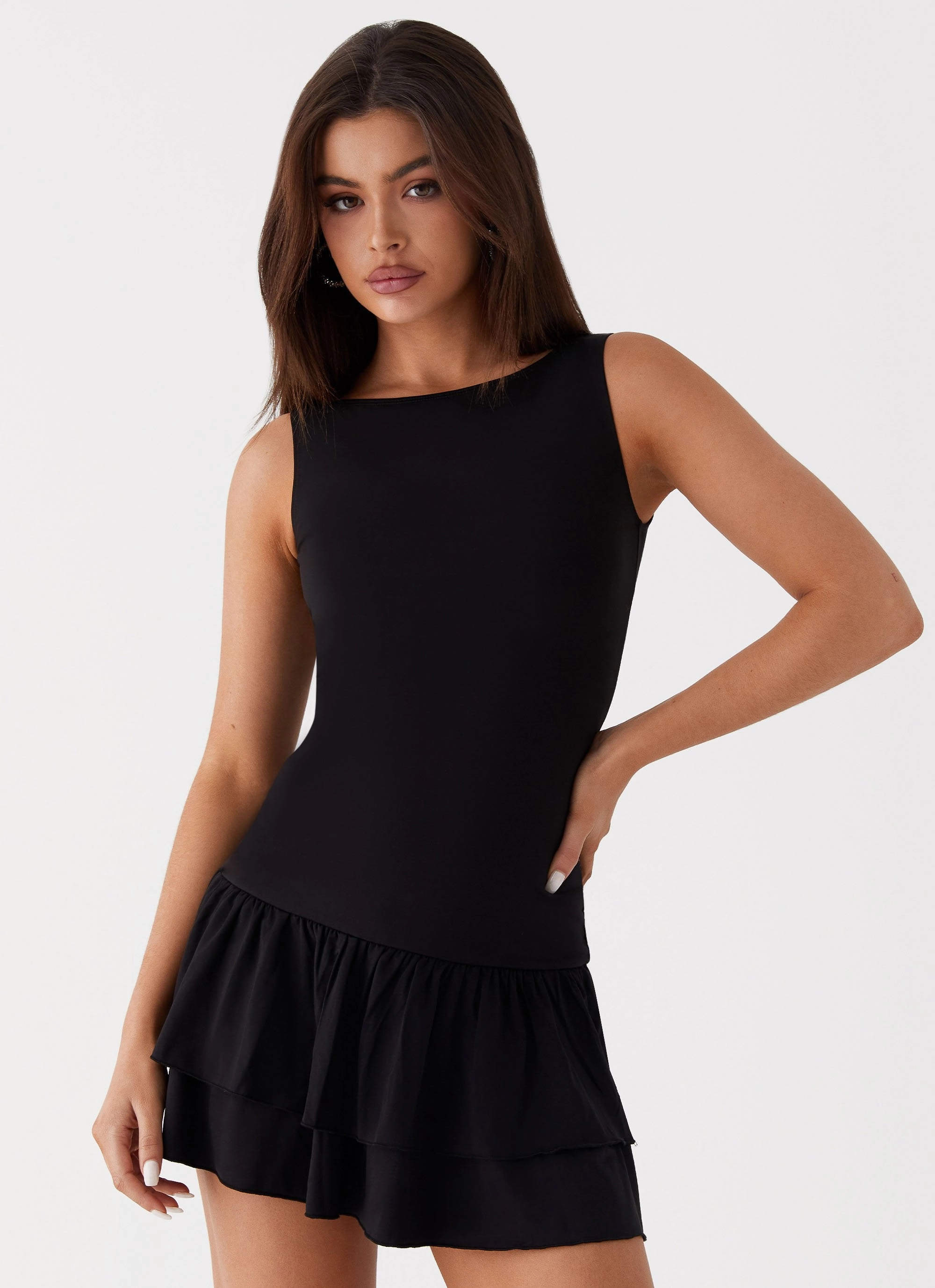 Rhiannon Frill Mini Dress - Black Satin-Finish