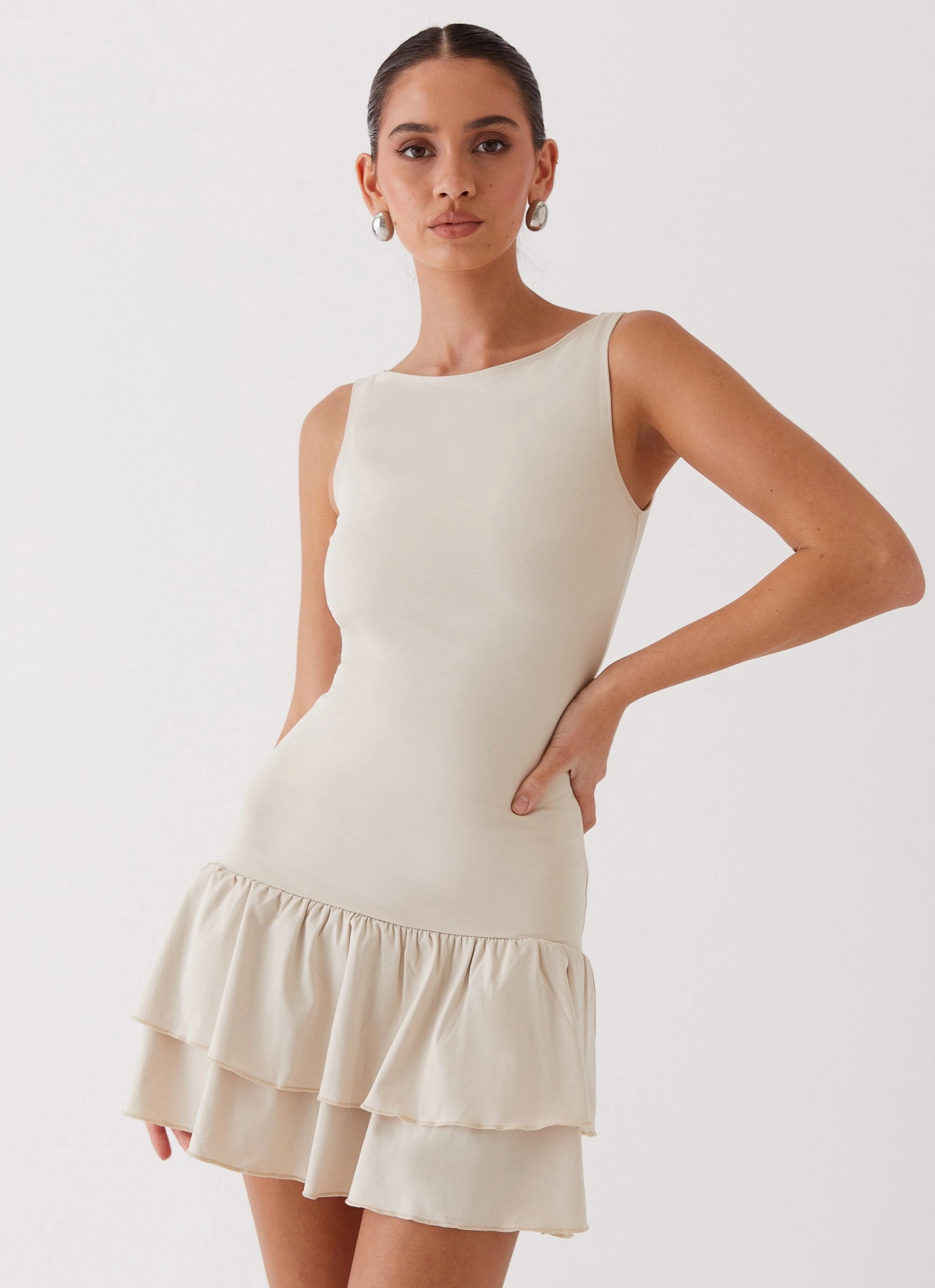 Rhiannon Frill Mini Dress - Ivory Form Fitting Slender Look