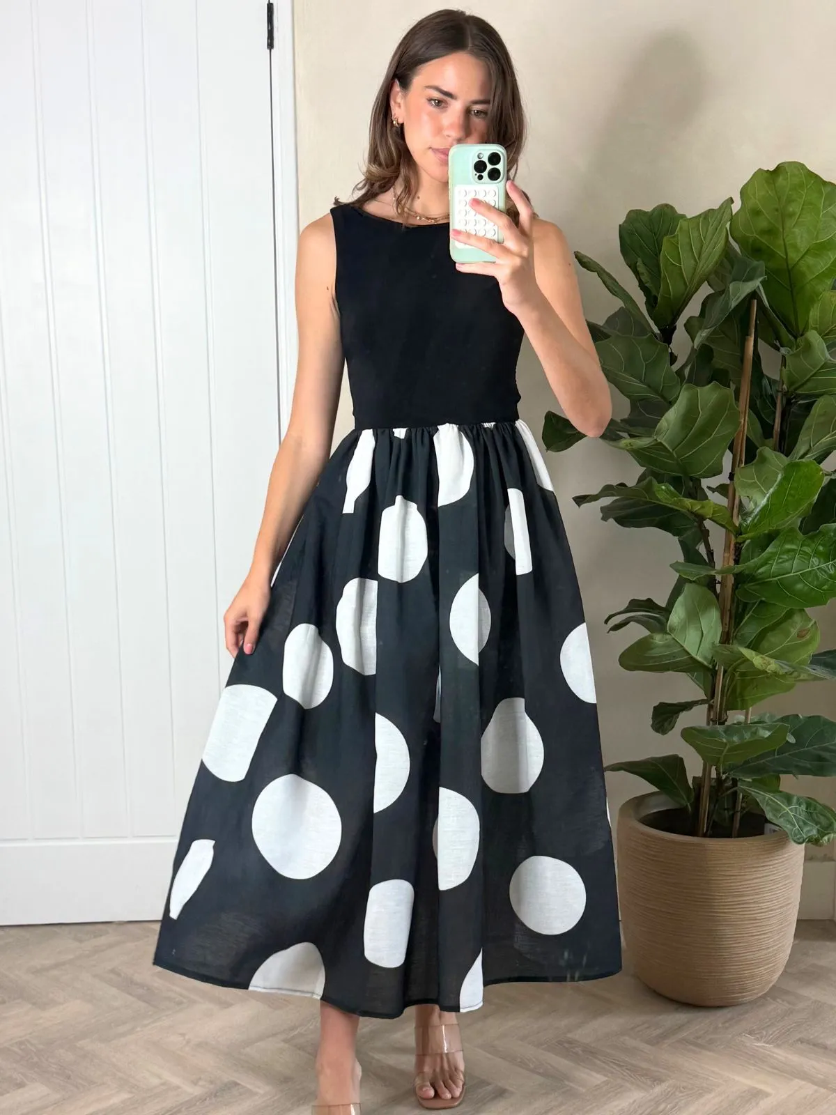 Relaxed Comfort Look Daily Wear Rhoda Black and White Polka Dot Midi Dress