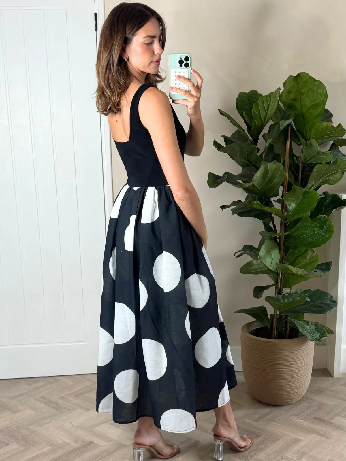 Sleek Waistband Rhoda Black and White Polka Dot Midi Dress