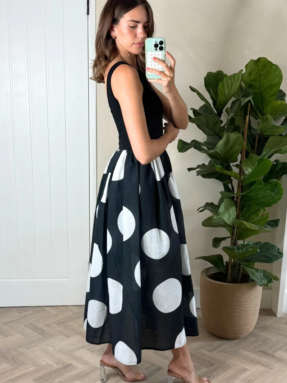 Rhoda Black and White Polka Dot Midi Dress understated look