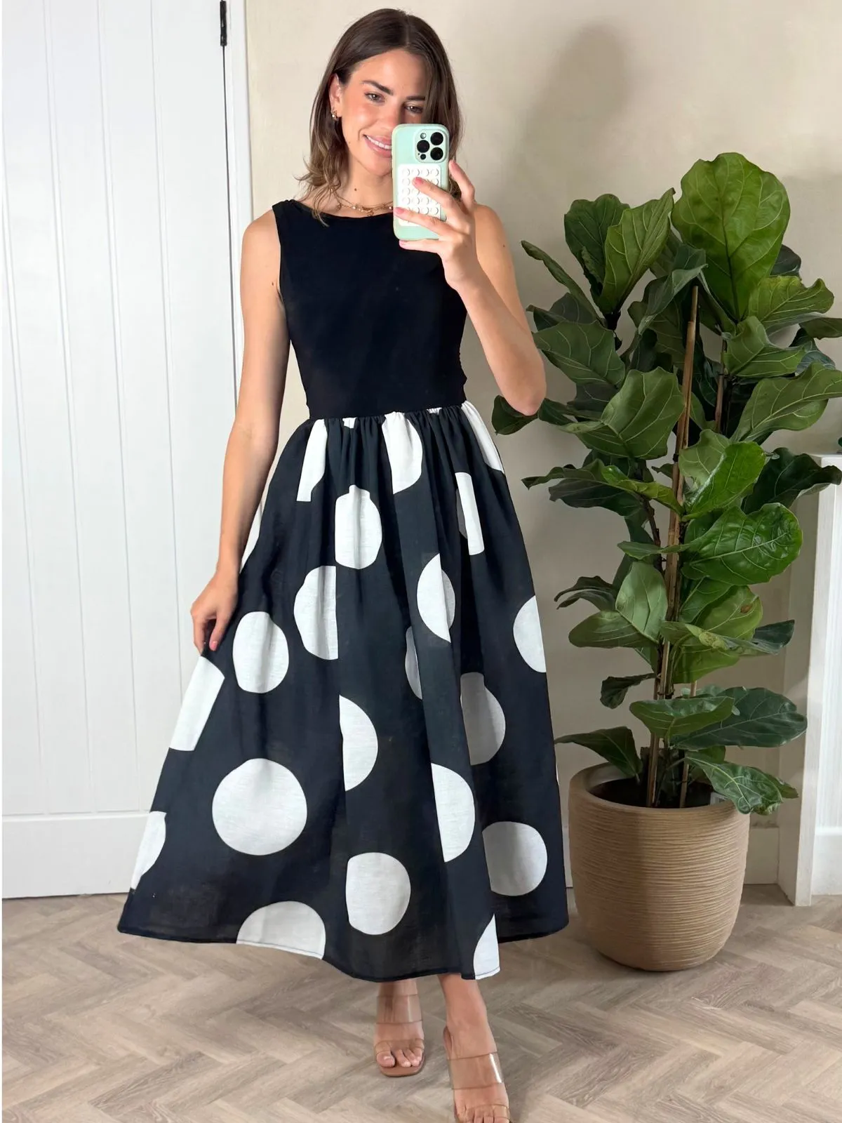 Natural Wrap Work Ready Rhoda Black and White Polka Dot Midi Dress