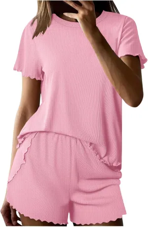 Ribbed Knit Pajamas for Women Lougewear Sets 2 Pieces Short Sleeve Tshirt and Shorts 2025 Summer Casual Lounge Outfits