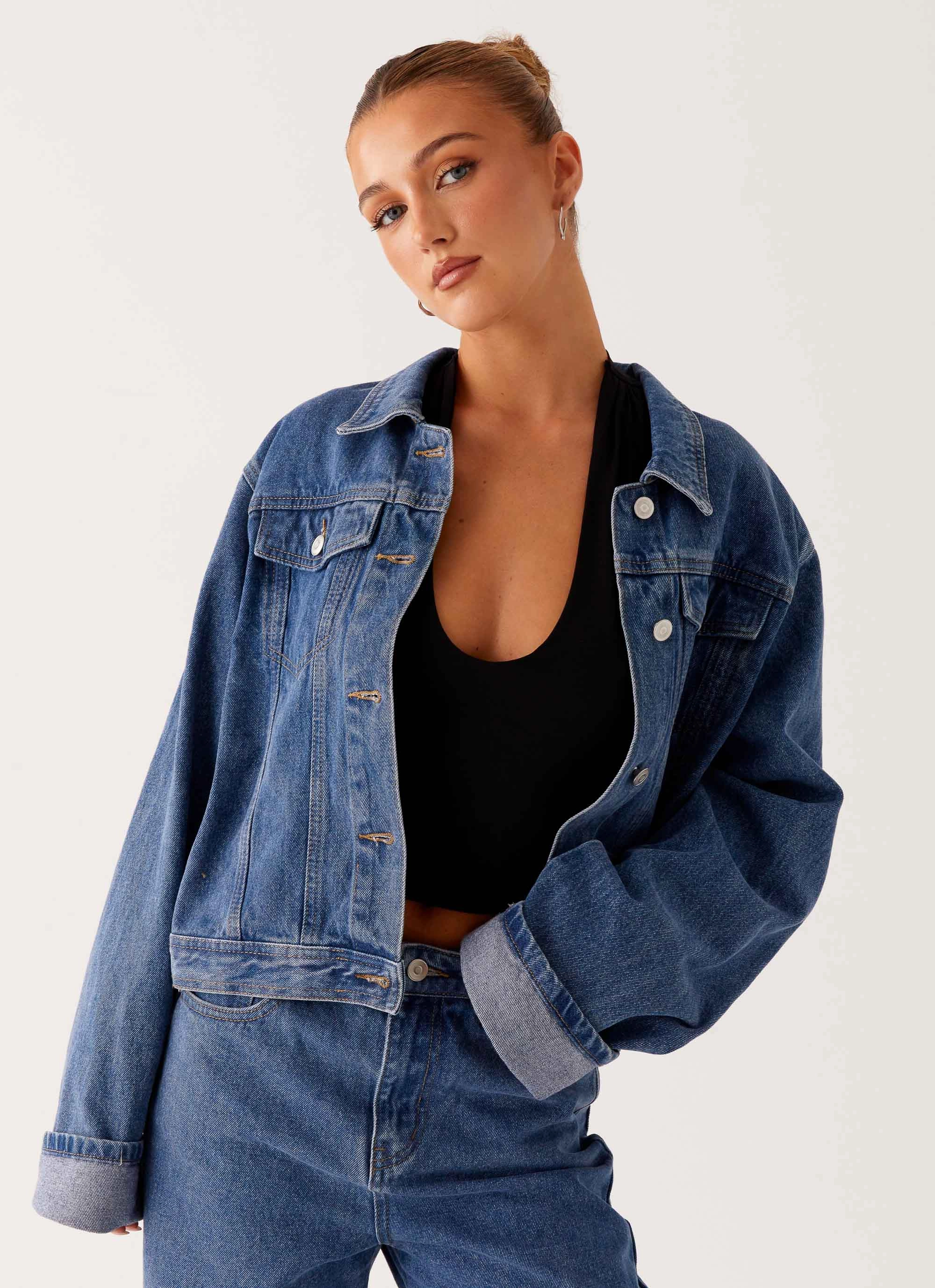 Back Again Oversized Denim Jacket - True Blue Fleece Lined Interior No Roll Collar Technology