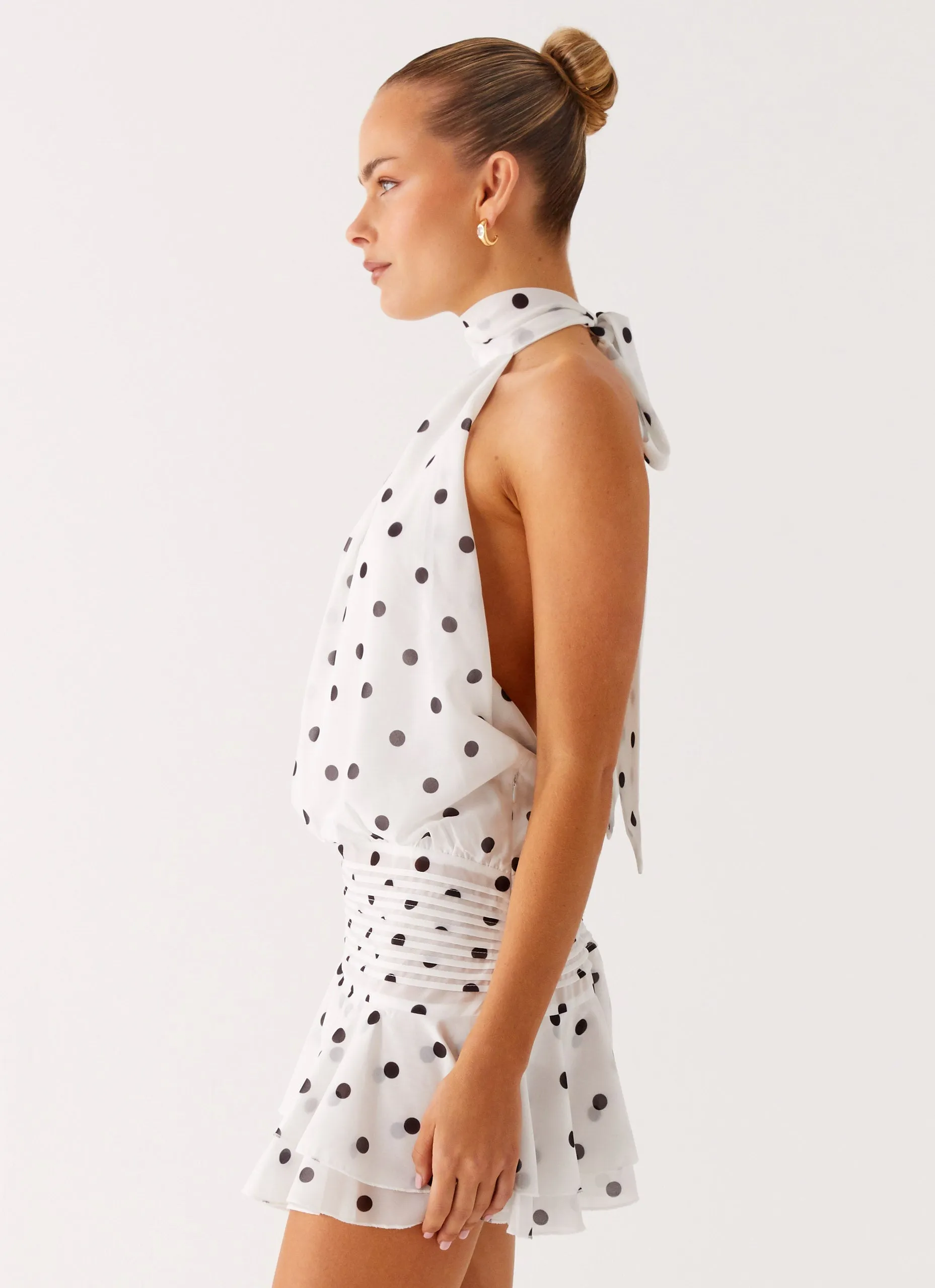 Willow Chiffon Mini Dress - White Polka Dot fade resistant color