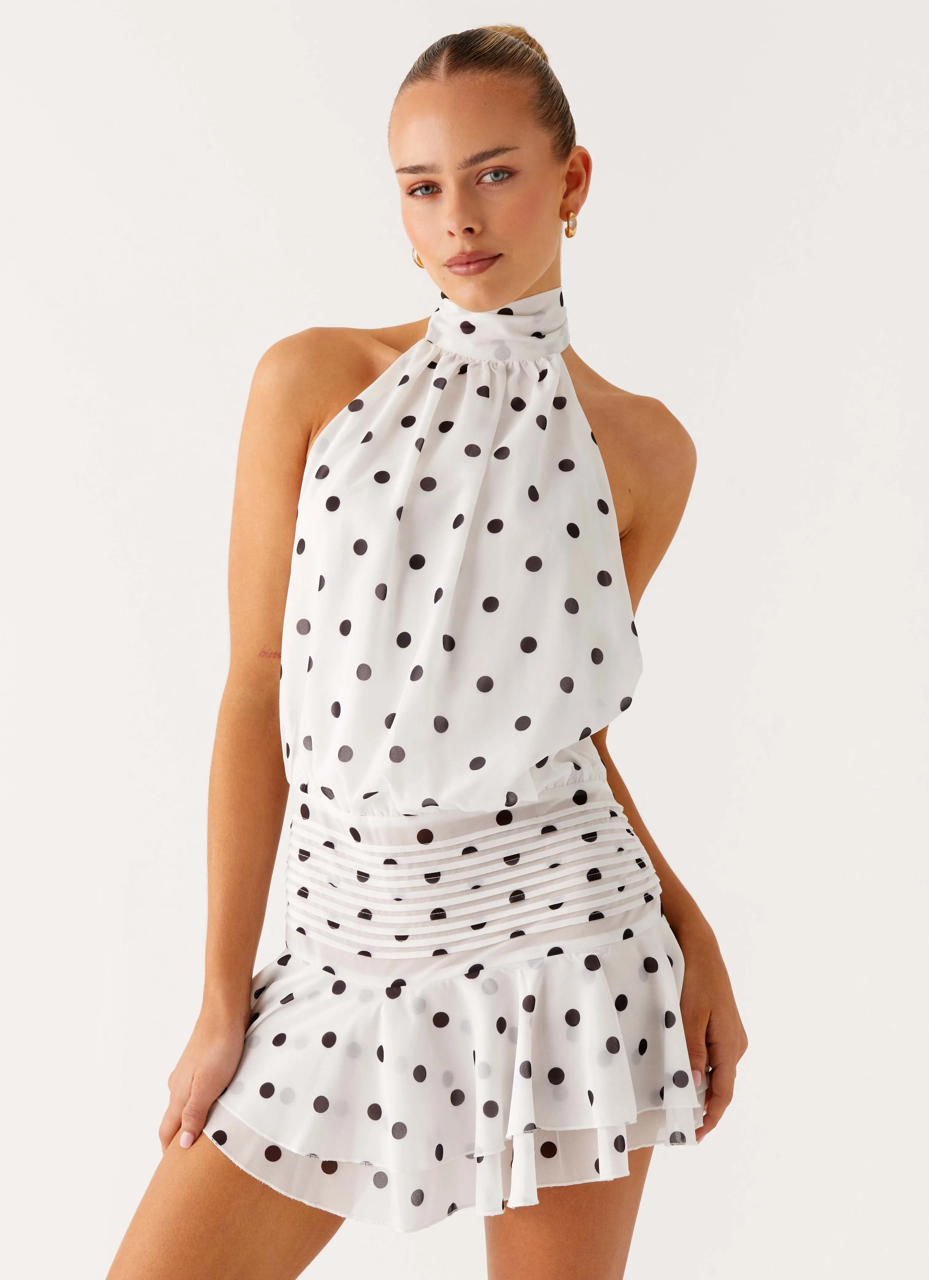 Vibrant Hue Willow Chiffon Mini Dress - White Polka Dot