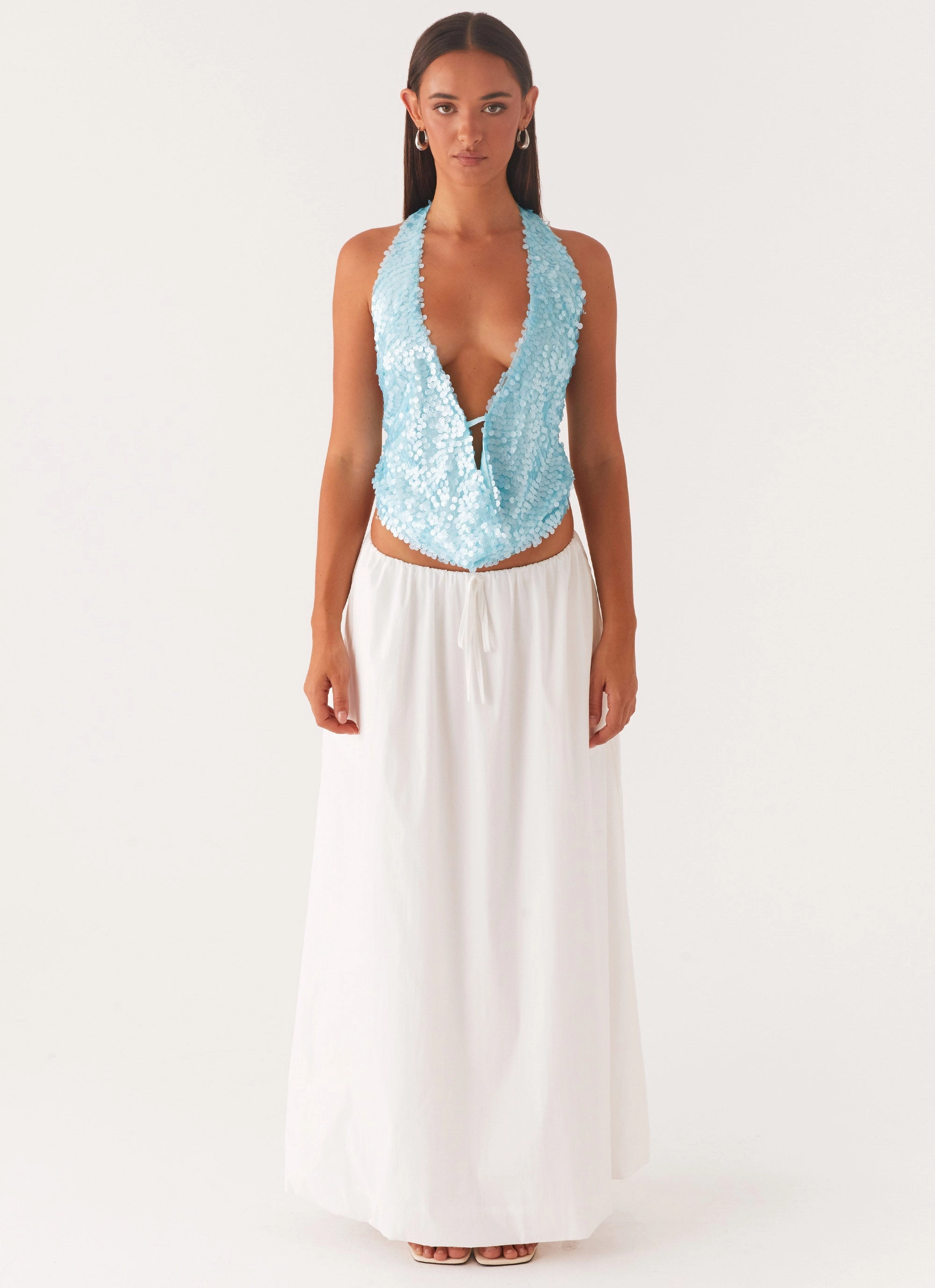 Formal Wear MultiPanelConstruction Rio Dreams Cowl Neck Halter Top - Turquoise