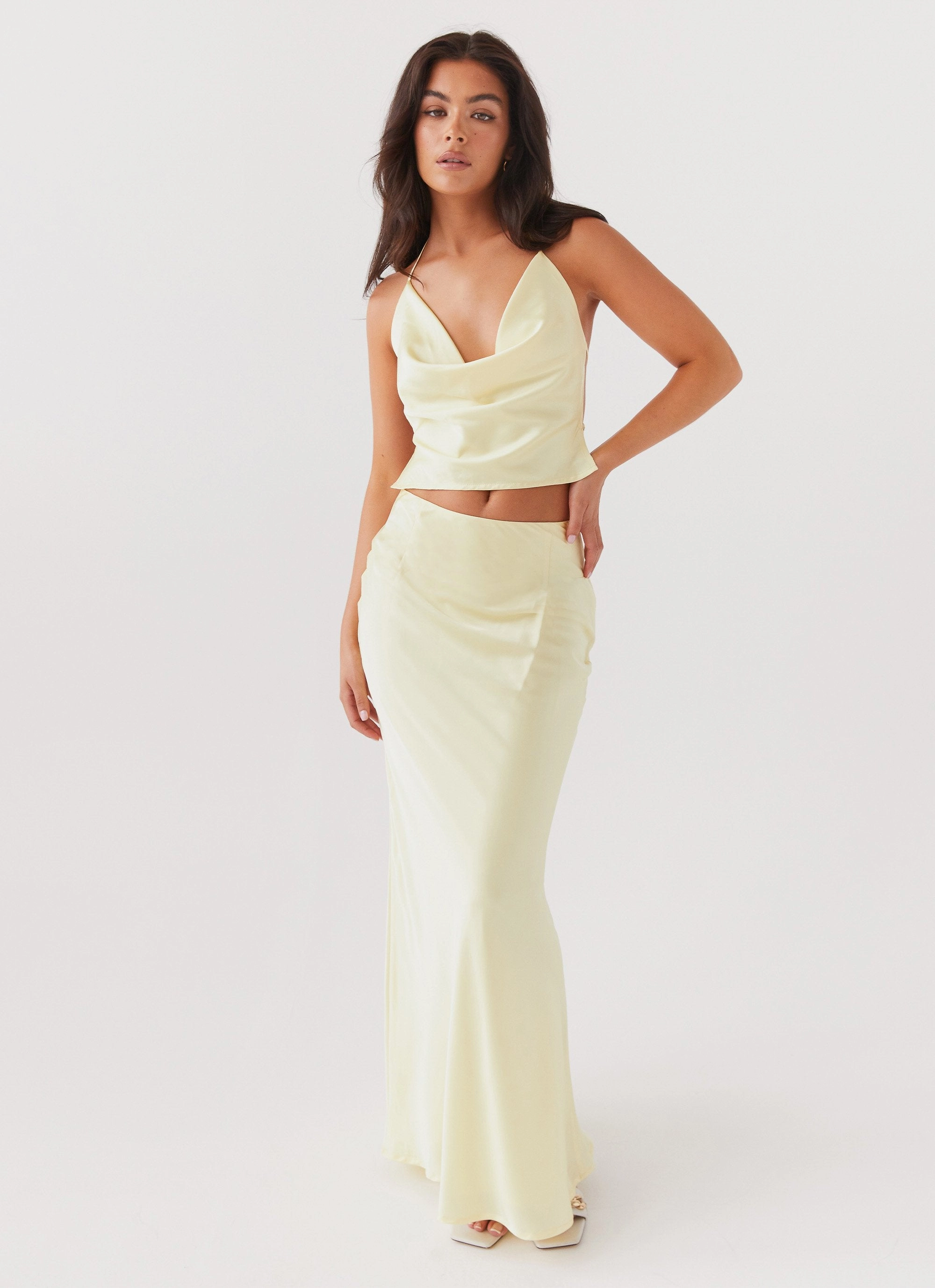 Sporty Touch Full Length Zipper Ivanna Satin Maxi Skirt - Lemon