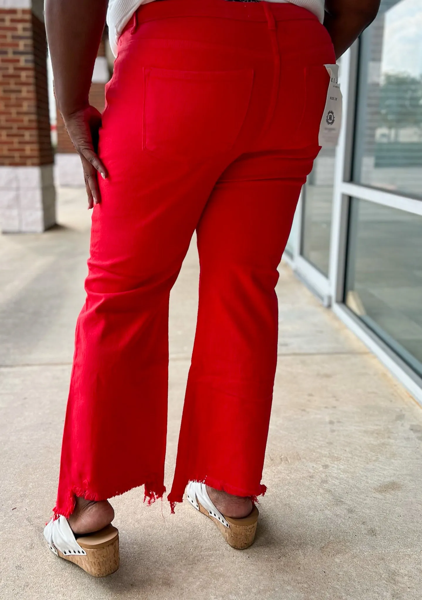 Risen Fiesta Curvy Red Mid Rise Cropped Flare Jeans with Raw Hem
