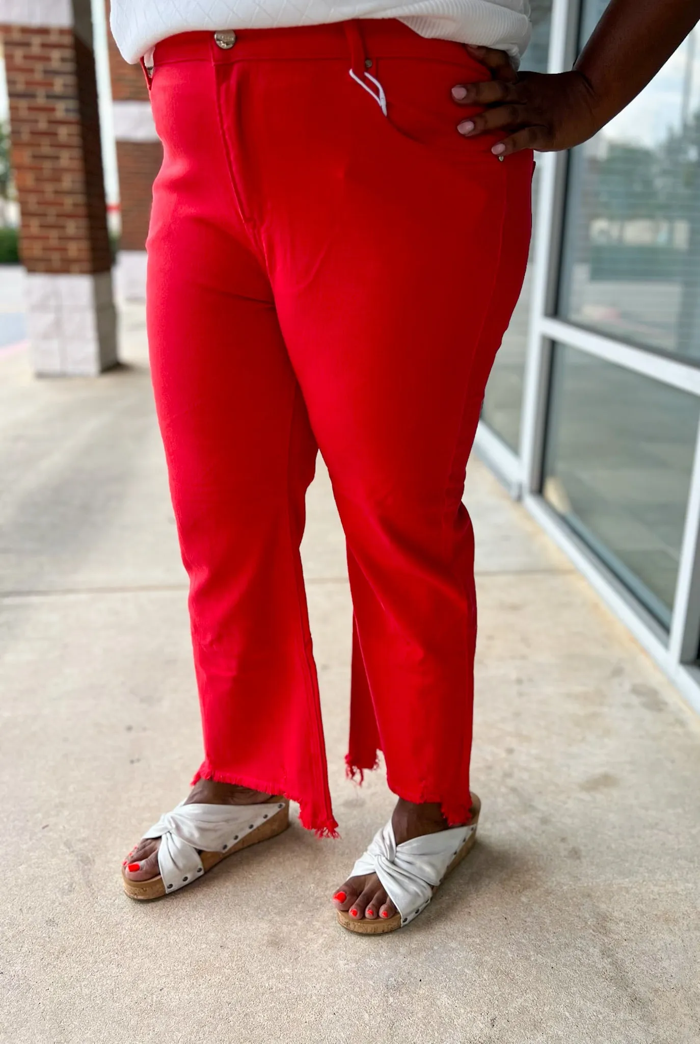 Risen Fiesta Curvy Red Mid Rise Cropped Flare Jeans with Raw Hem