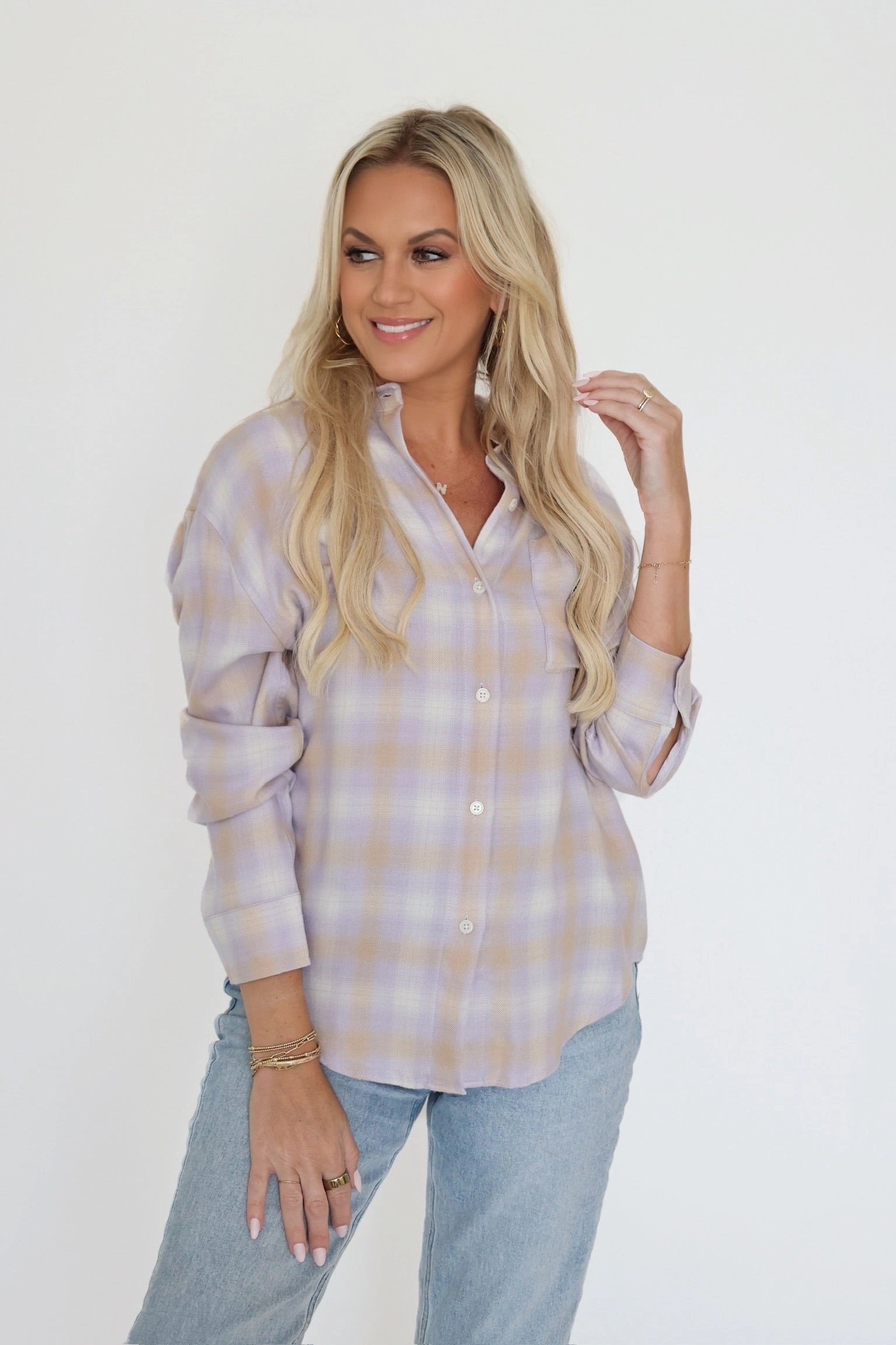 River Plaid Button Up - Lavender Ice Reflective Trim Details