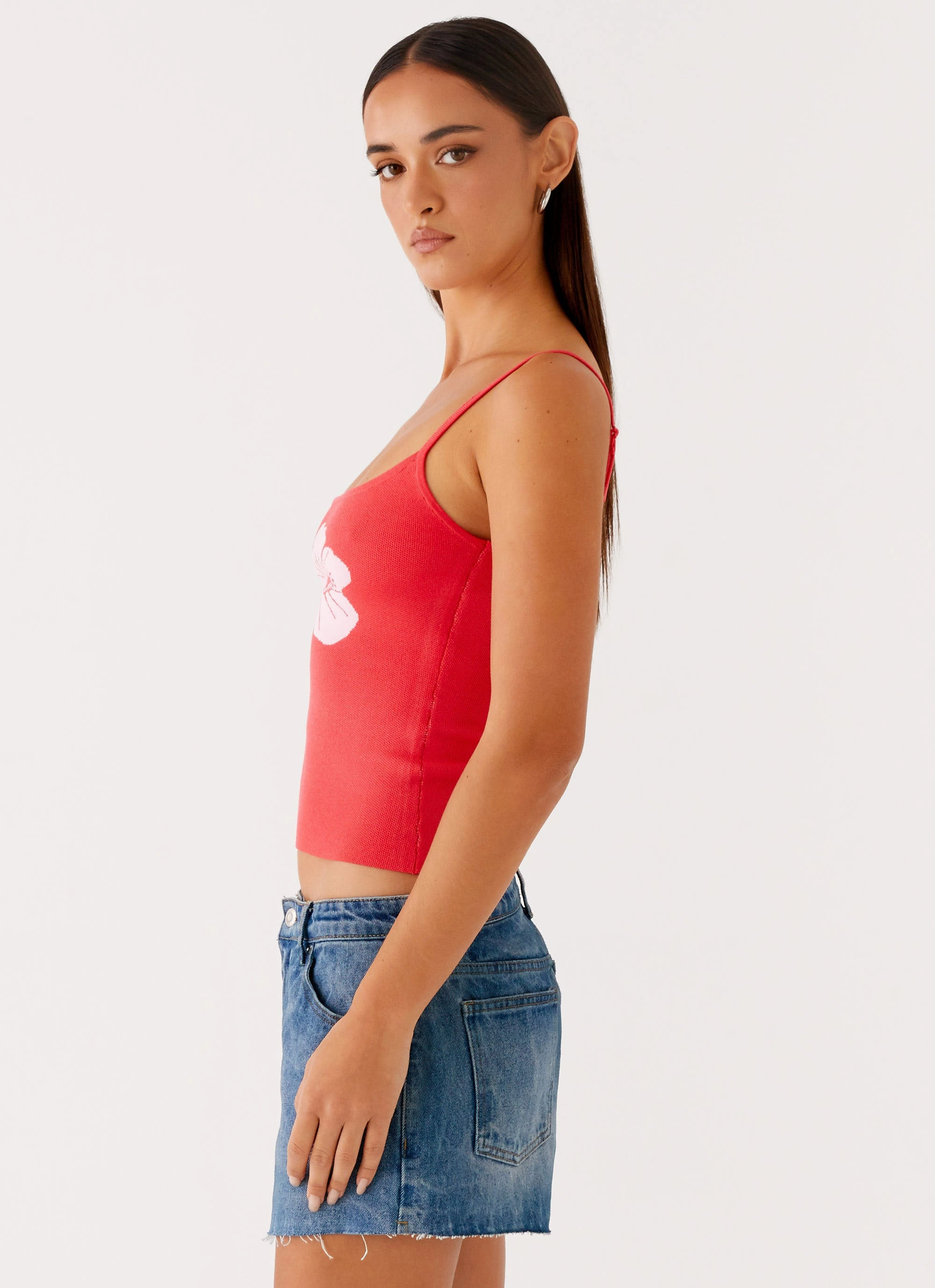 Ofira Knit Tank Top - Red Floral Seamless Construction Design