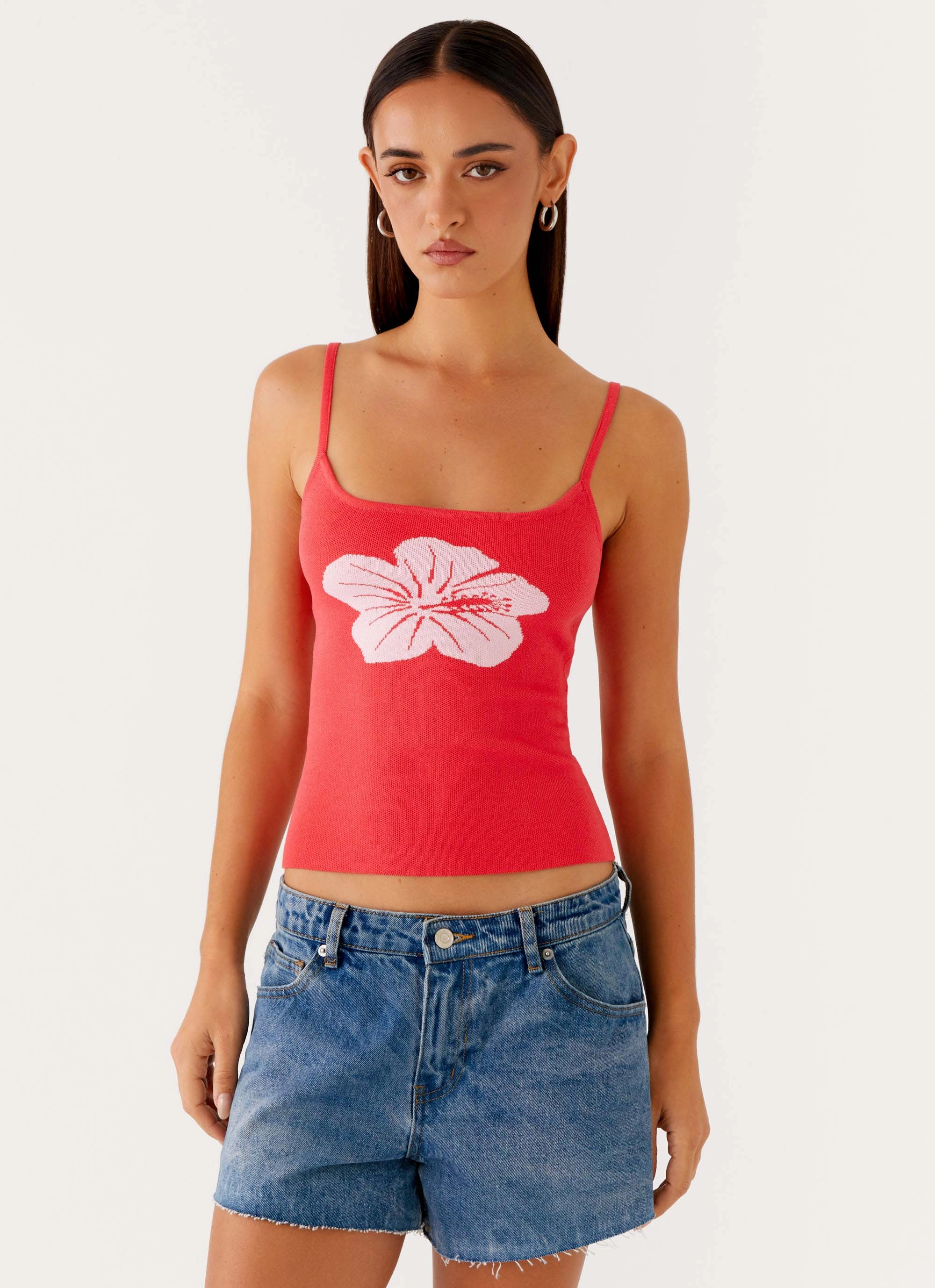 Ofira Knit Tank Top - Red Floral UltraSoft Lining Basic Sweatshirt