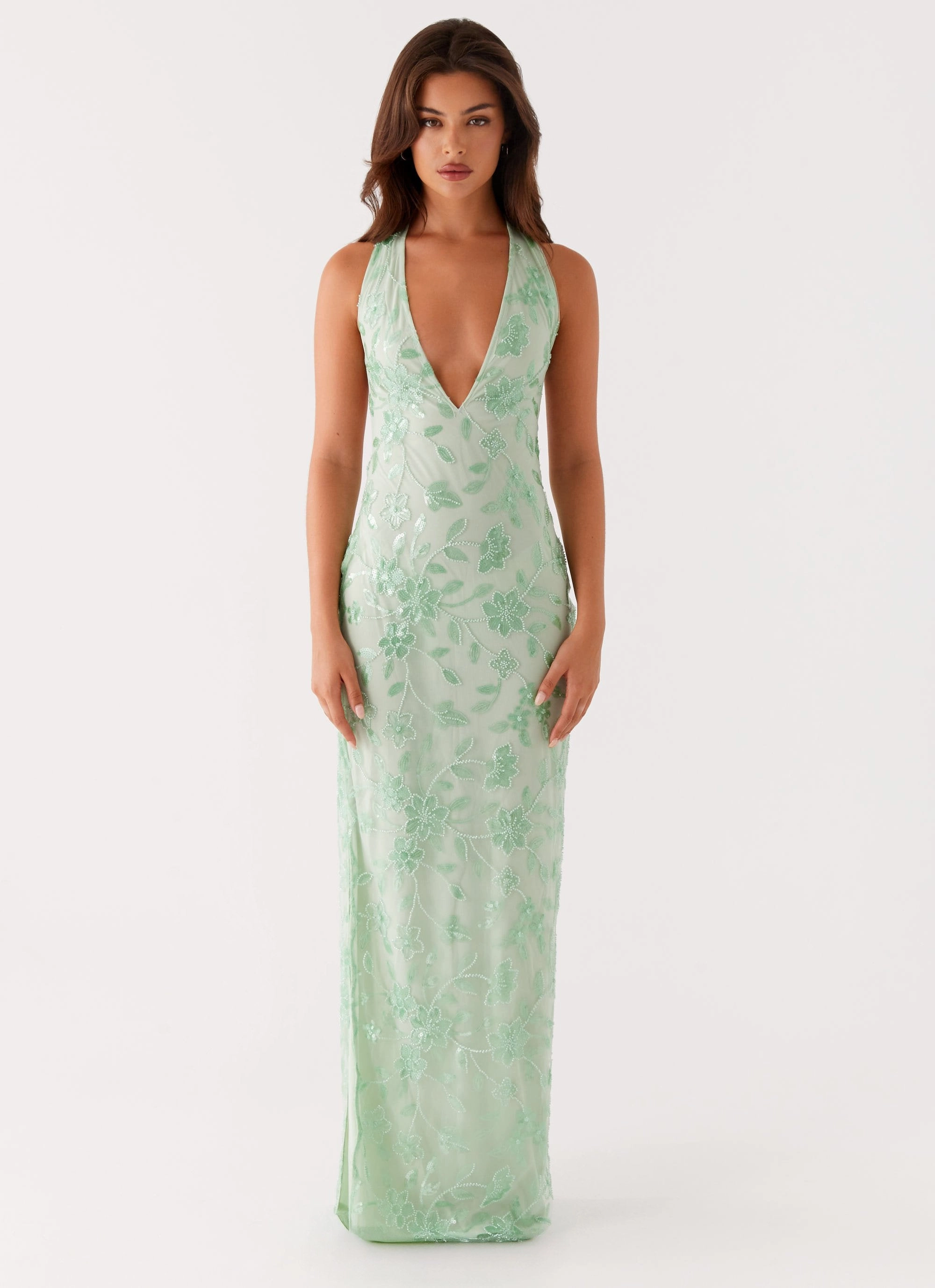 Dainty Finish Classic Look Cydney Beaded Maxi Dress - Sage
