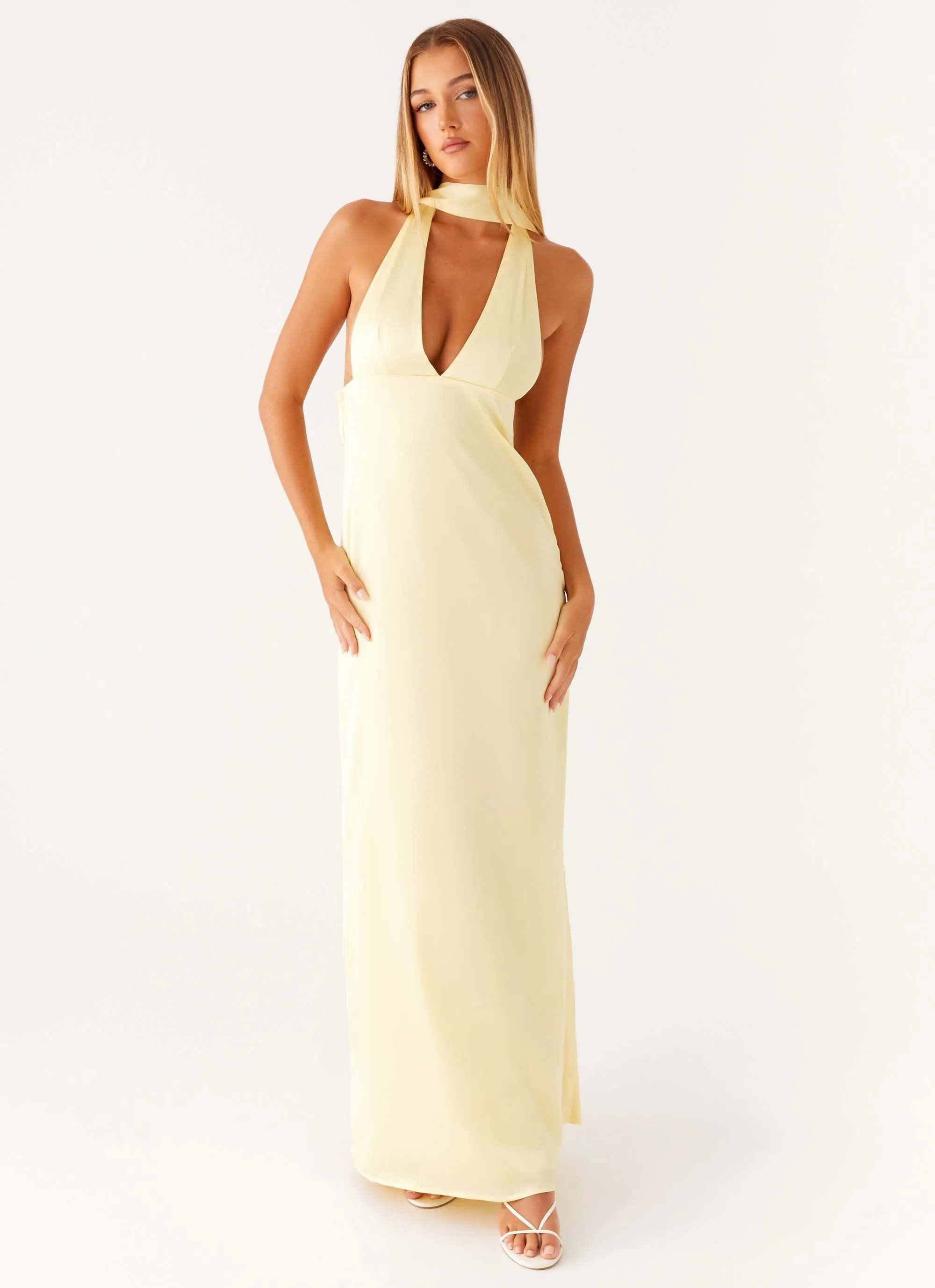Tall Length Anti Pilling Treatment Alicia Satin Halter Maxi Dress - Yellow
