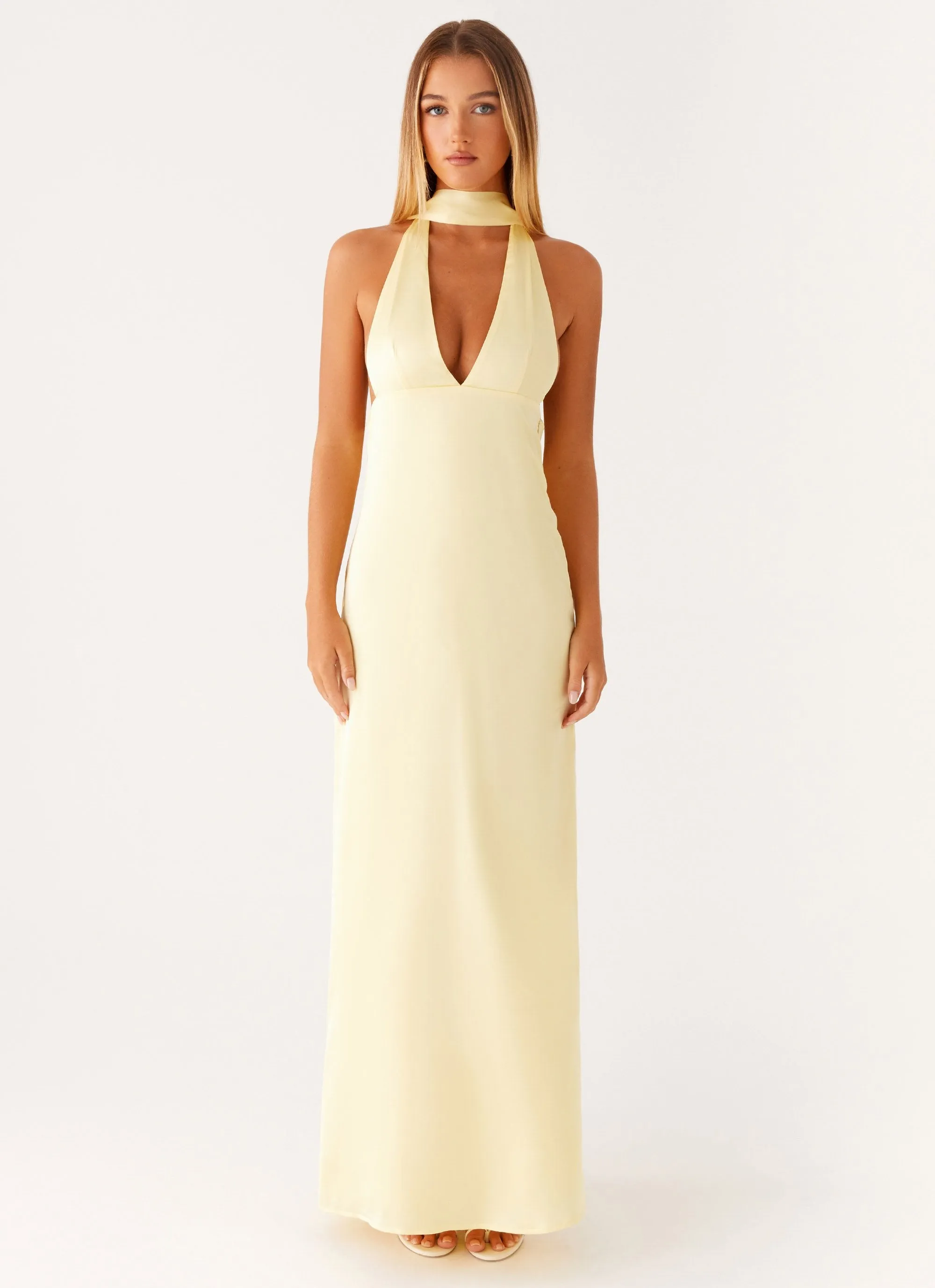 Winter Fashion Alicia Satin Halter Maxi Dress - Yellow